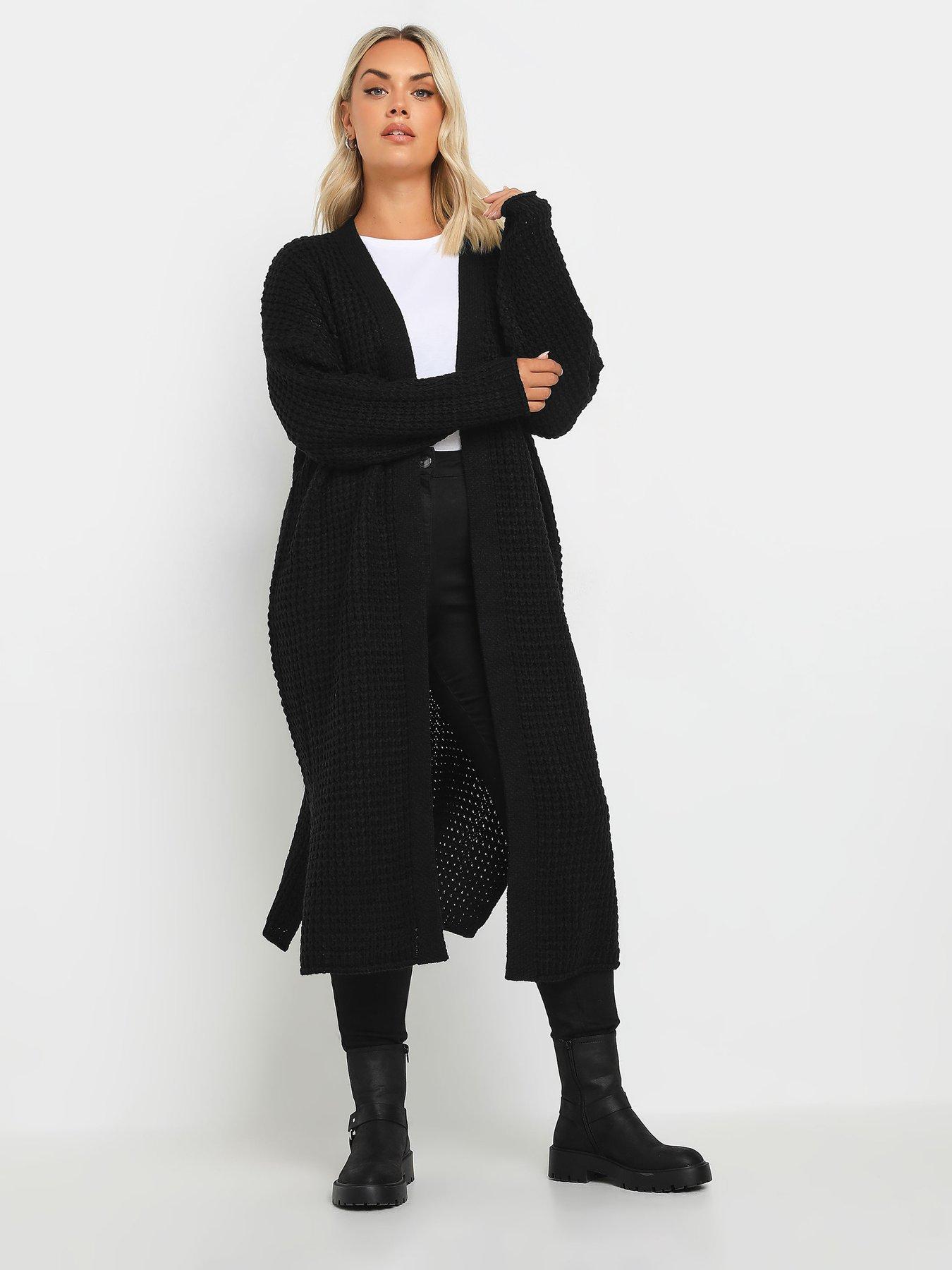 undefined Curve Waffle Knit Maxi Cardigan - Black