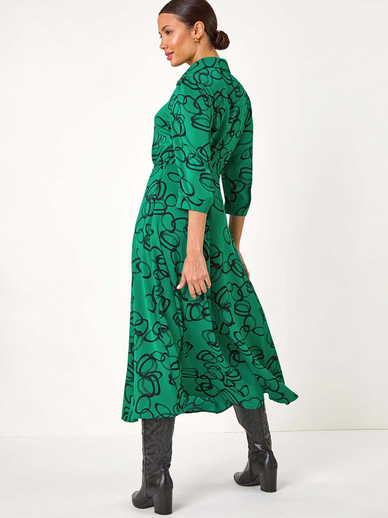 Image 2 of 5 of Roman Abstract Circle Print Midi Shirt Dress - Green