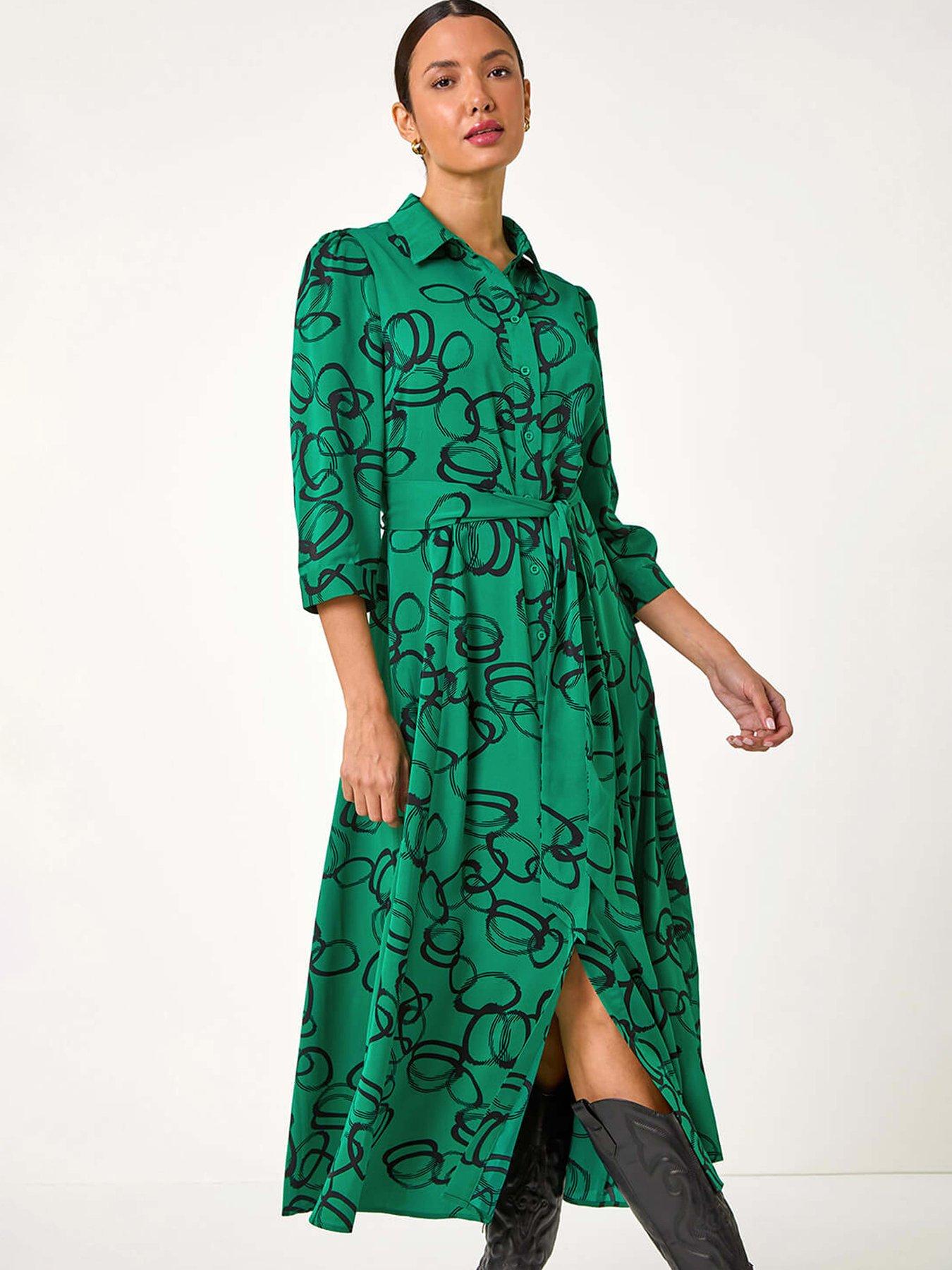 Image 3 of 5 of Roman Abstract Circle Print Midi Shirt Dress - Green