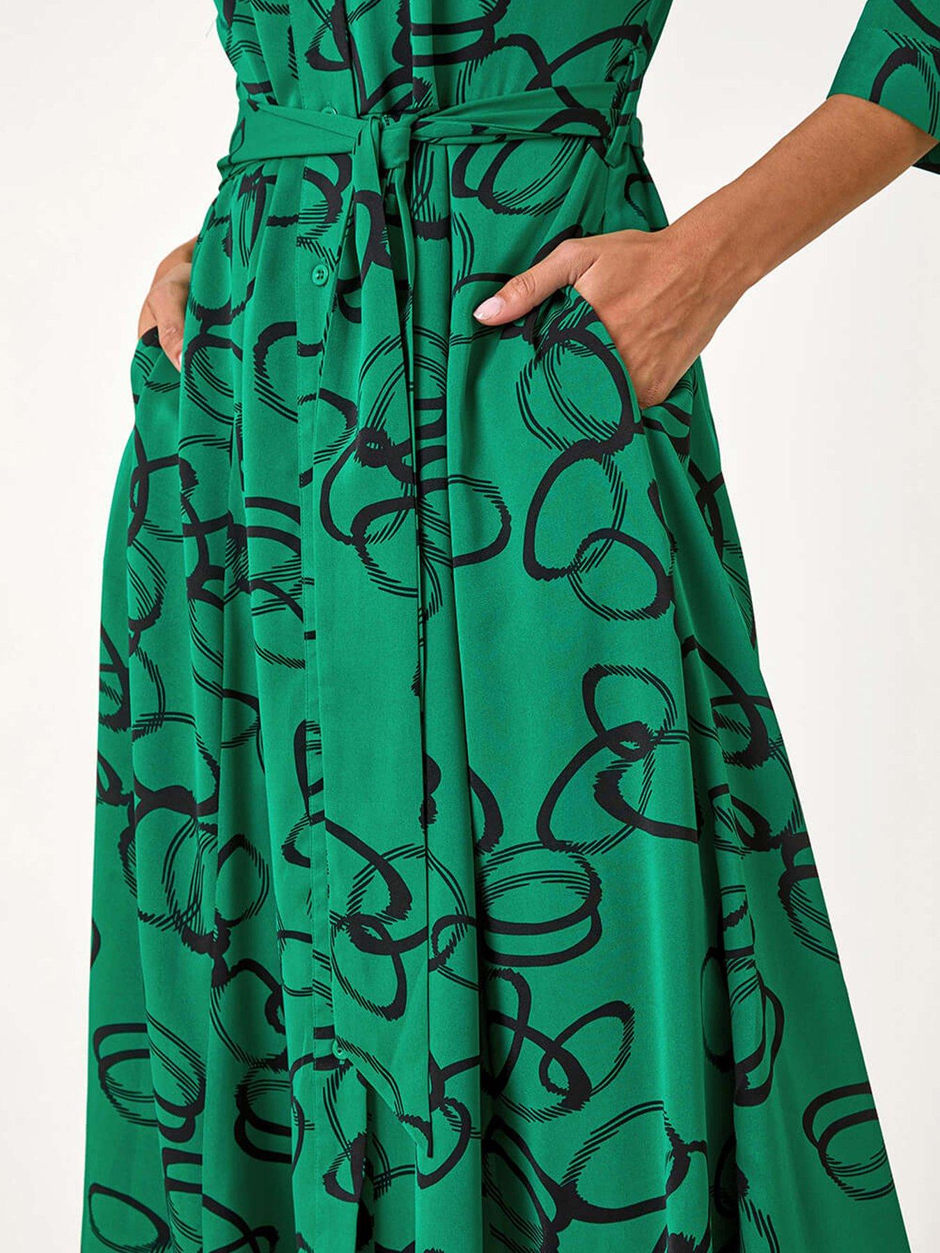 Image 5 of 5 of Roman Abstract Circle Print Midi Shirt Dress - Green