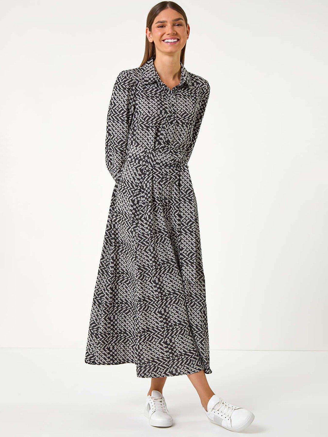 undefined Geometric Print Tie Waist Midi Shirt Dress - Black