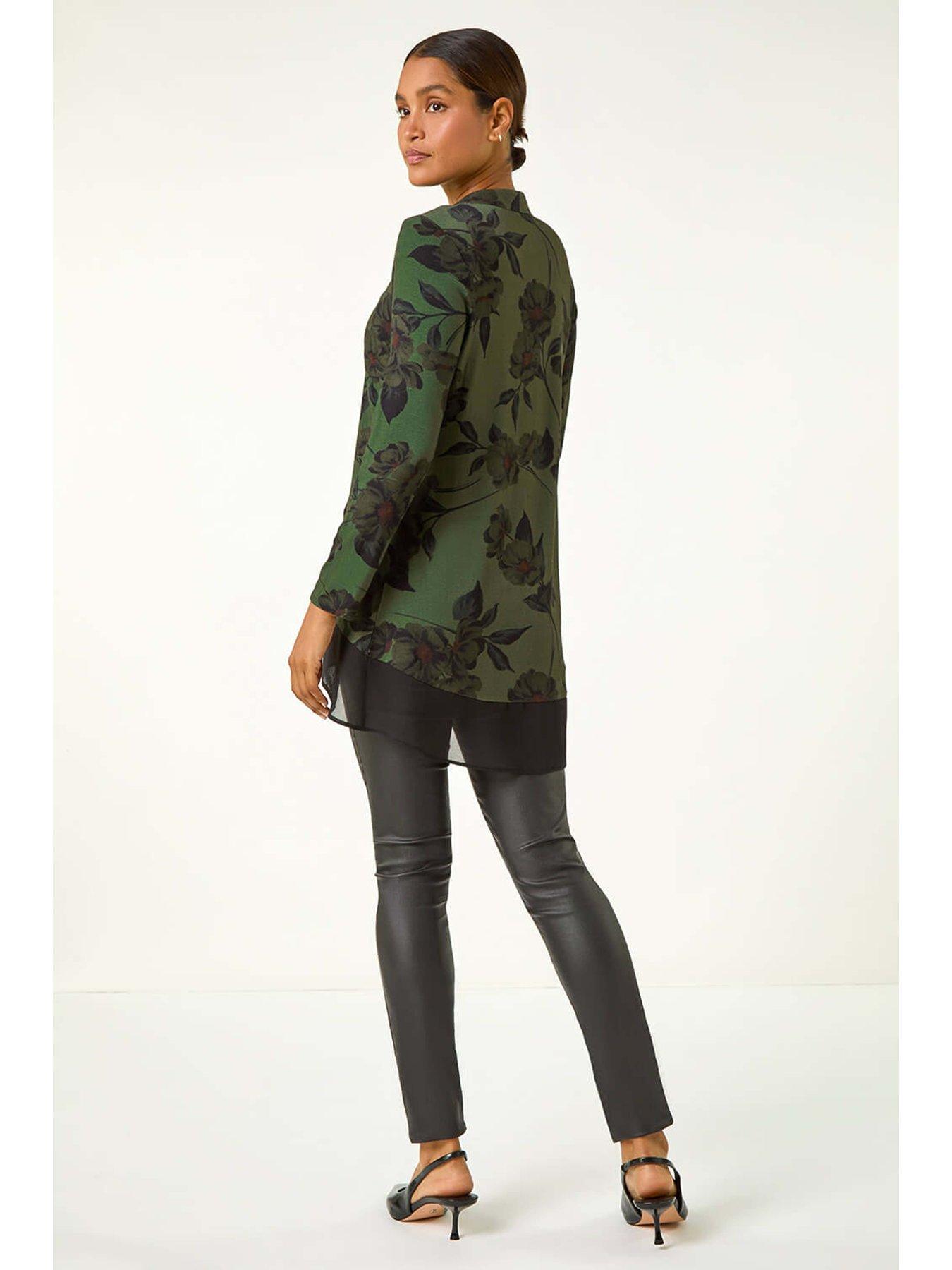  image of roman-floral-chiffon-hem-blouse-dark-green