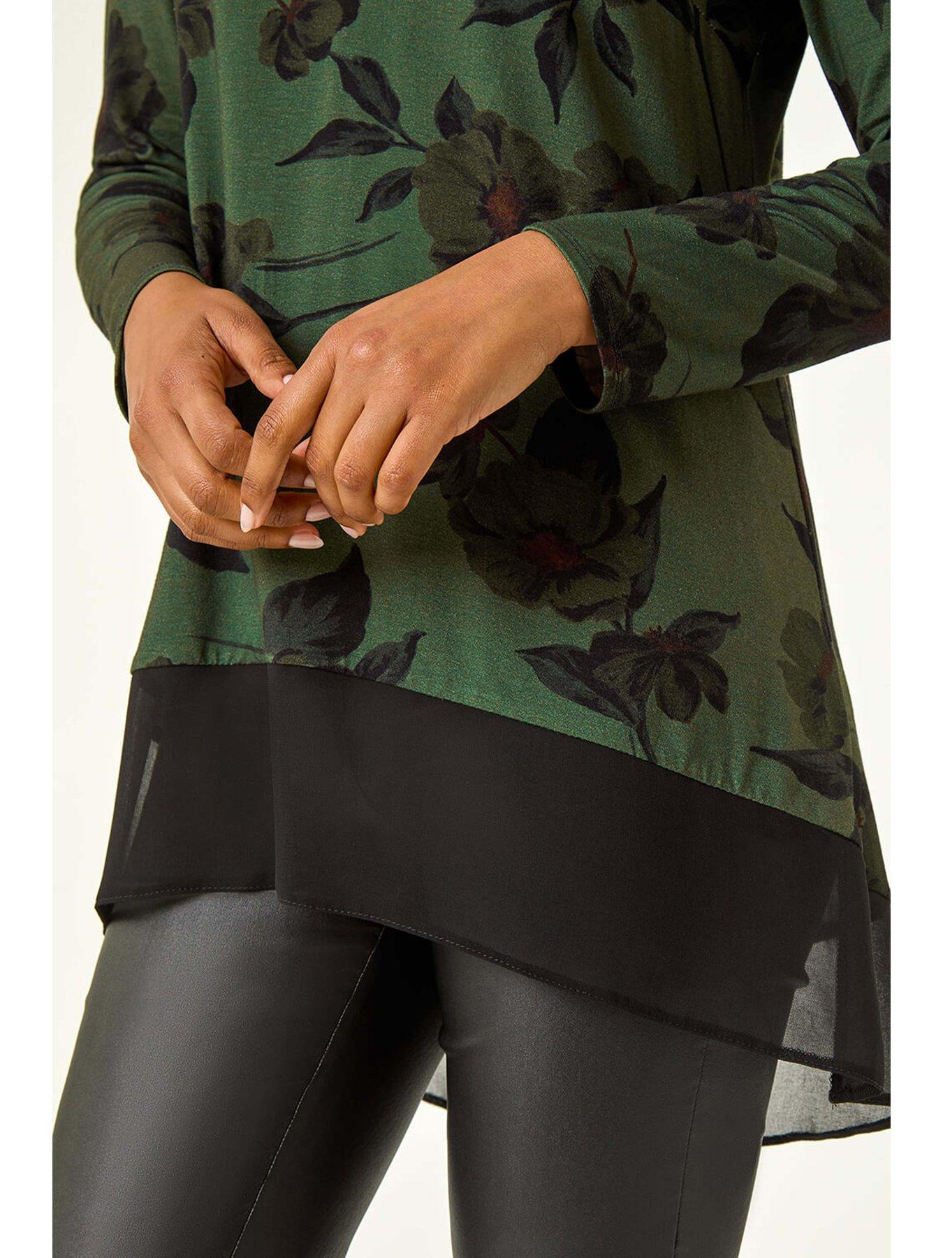  image of roman-floral-chiffon-hem-blouse-dark-green