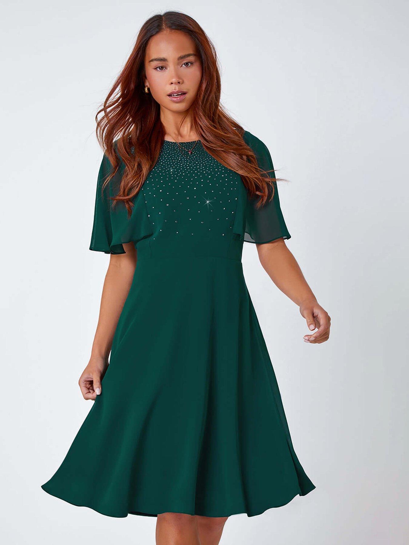 Roman Petite Embellished Skater Dress - Green