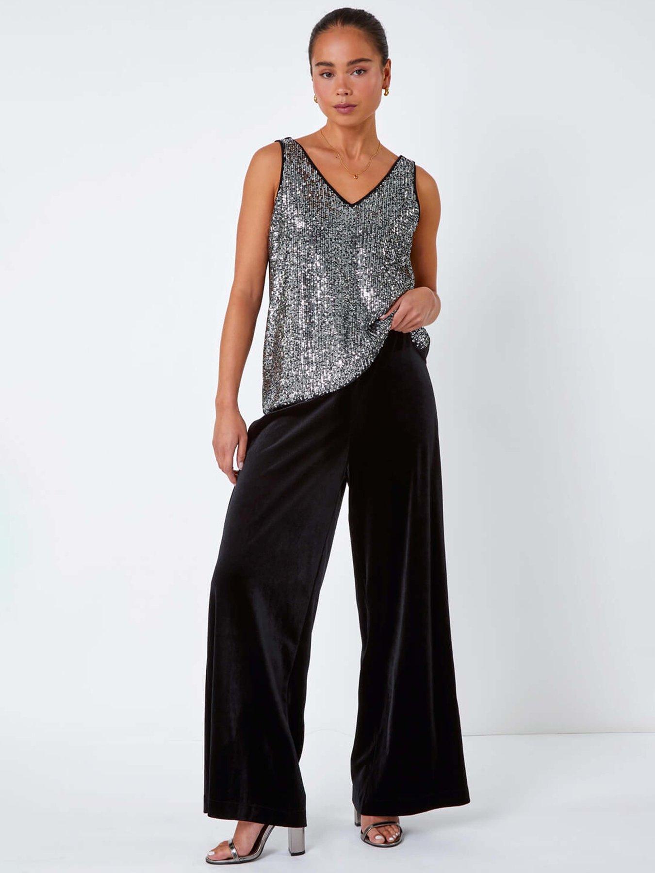 Image 3 of 5 of Roman Petite Wide Leg Velvet Stretch Trouser - Black