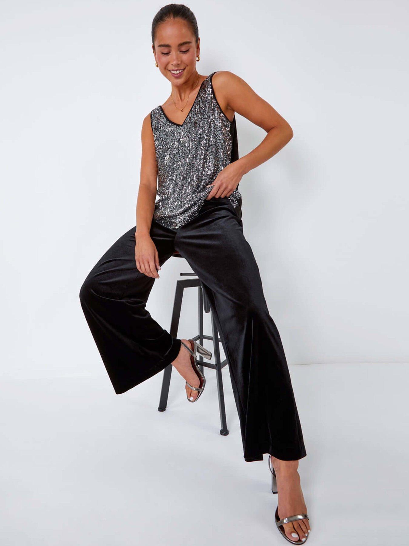 Image 4 of 5 of Roman Petite Wide Leg Velvet Stretch Trouser - Black