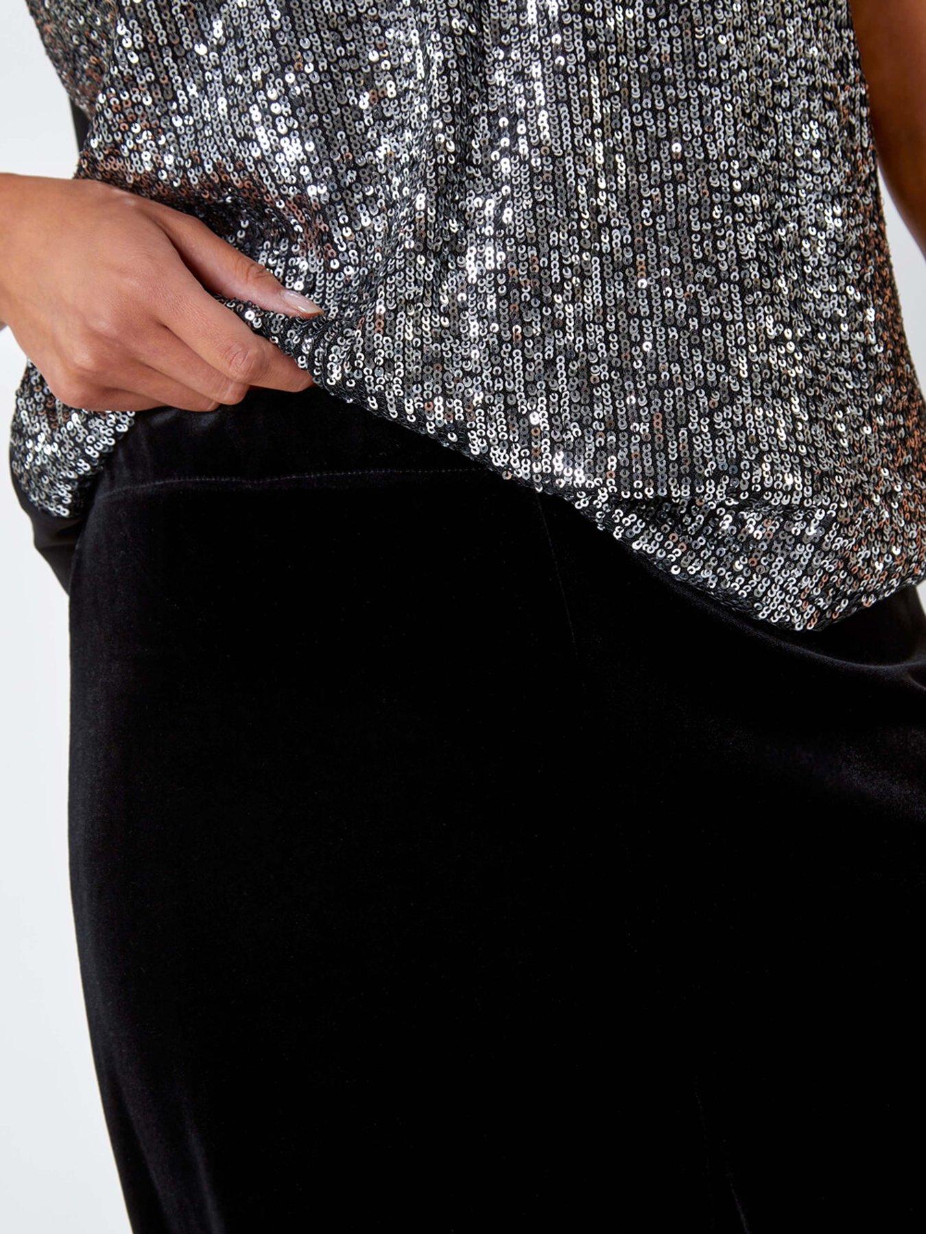 Image 5 of 5 of Roman Petite Wide Leg Velvet Stretch Trouser - Black