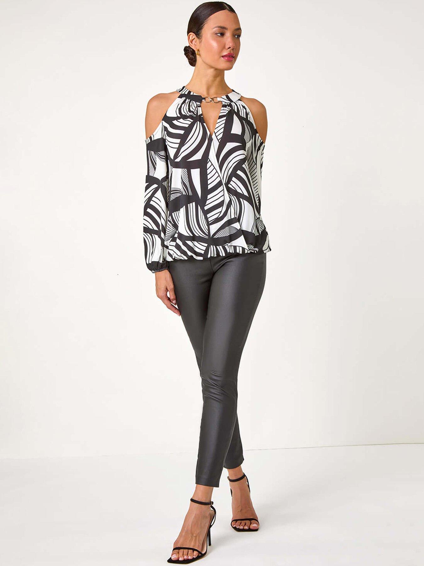 Image 3 of 6 of Roman Abstract Print Cold Shoulder Stretch Top - Ivory