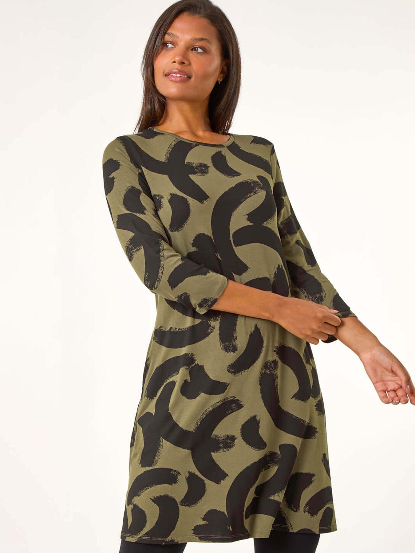 Roman Brushstroke A-line Stretch Dress - Khaki