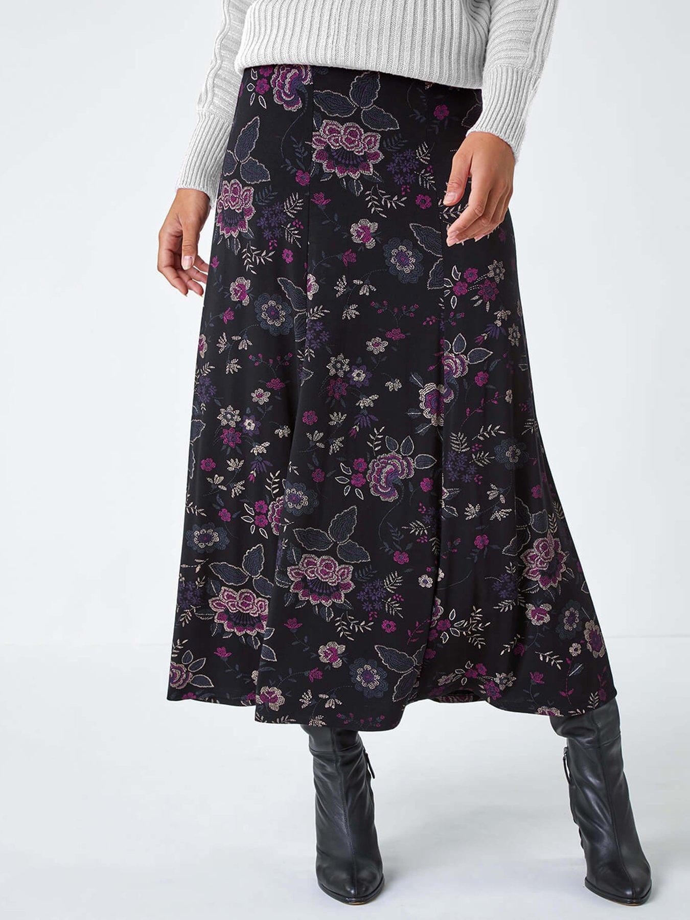 Roman Floral Print Midi Elastic Waist Stretch Skirt - Black