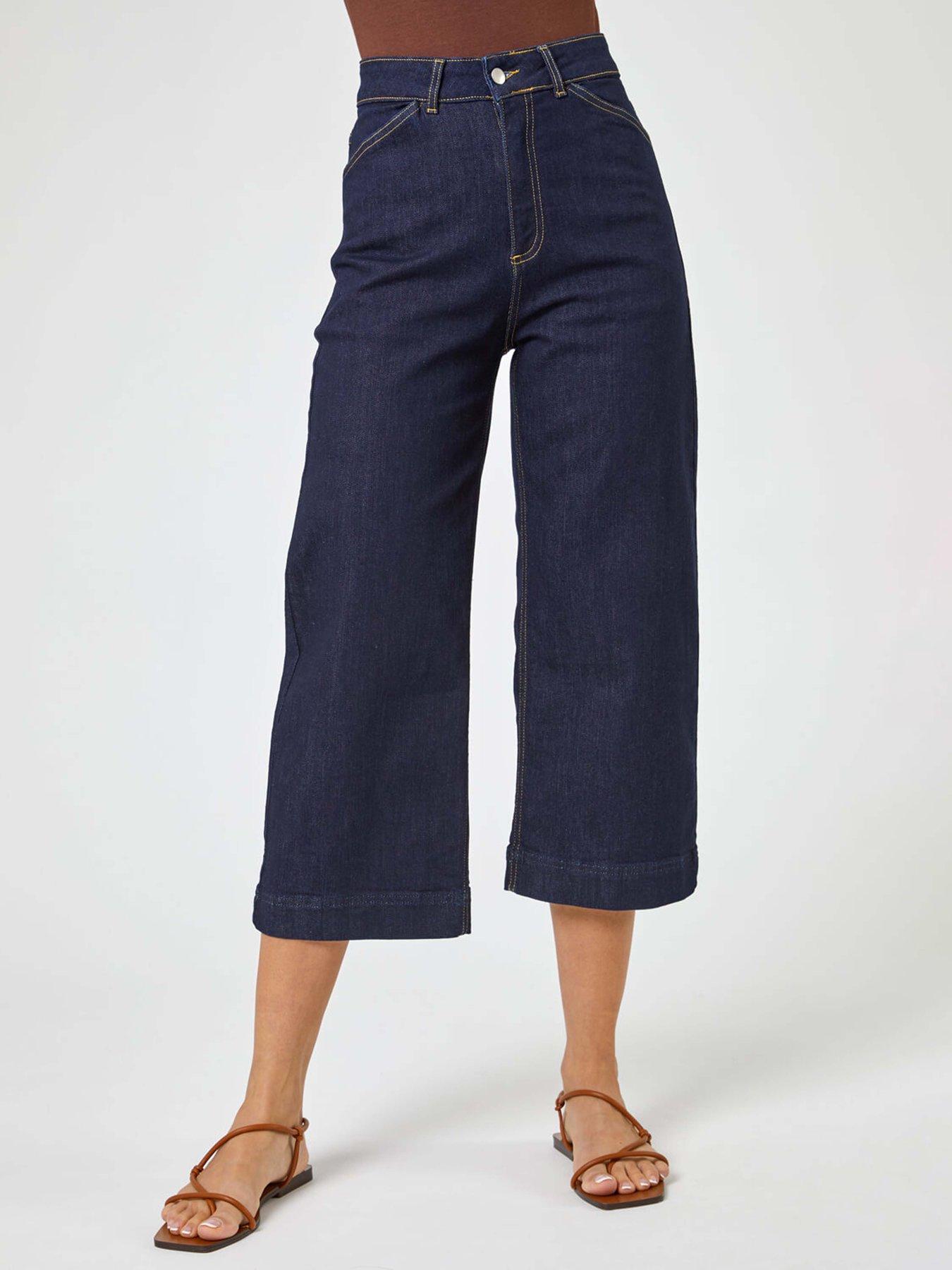undefined Wide Leg Stretch Cropped Denim Culottes - Indigo