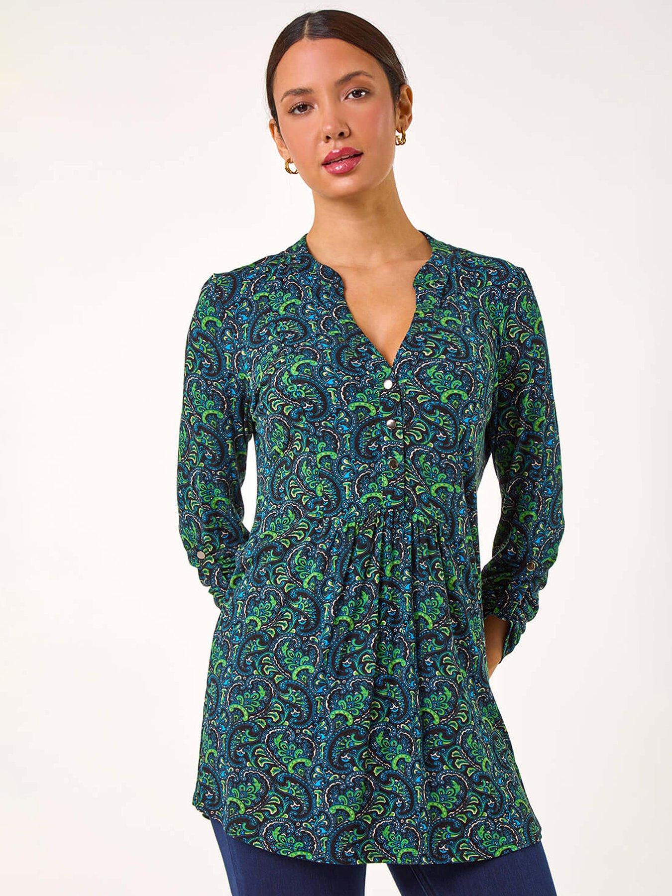 undefined Paisley Print V-neck Tunic Stretch Top - Green