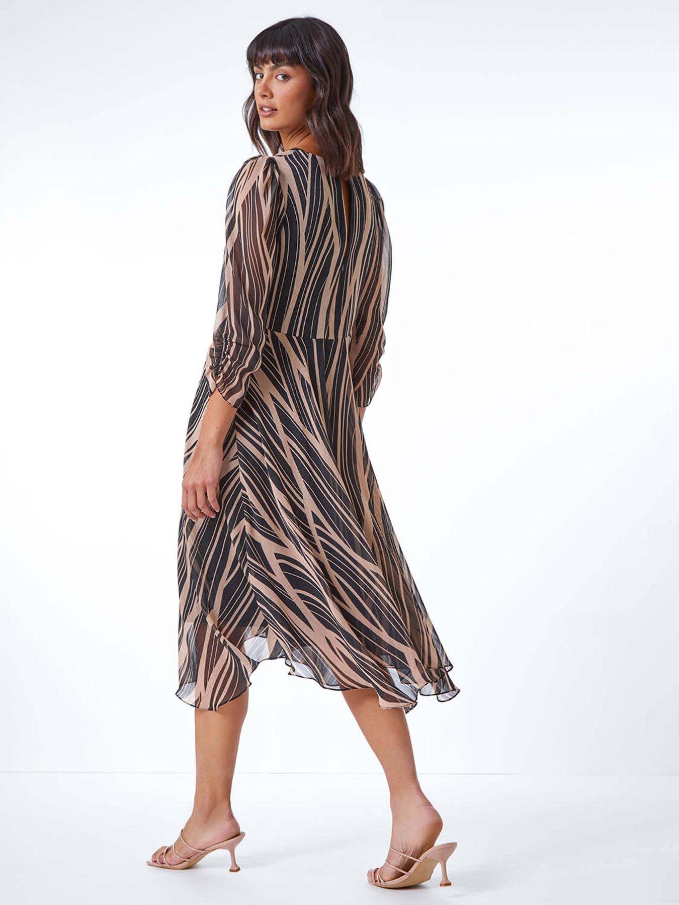 Image 2 of 5 of Roman Abstract Chiffon Wrap Asymmetric Midi Dress - Black