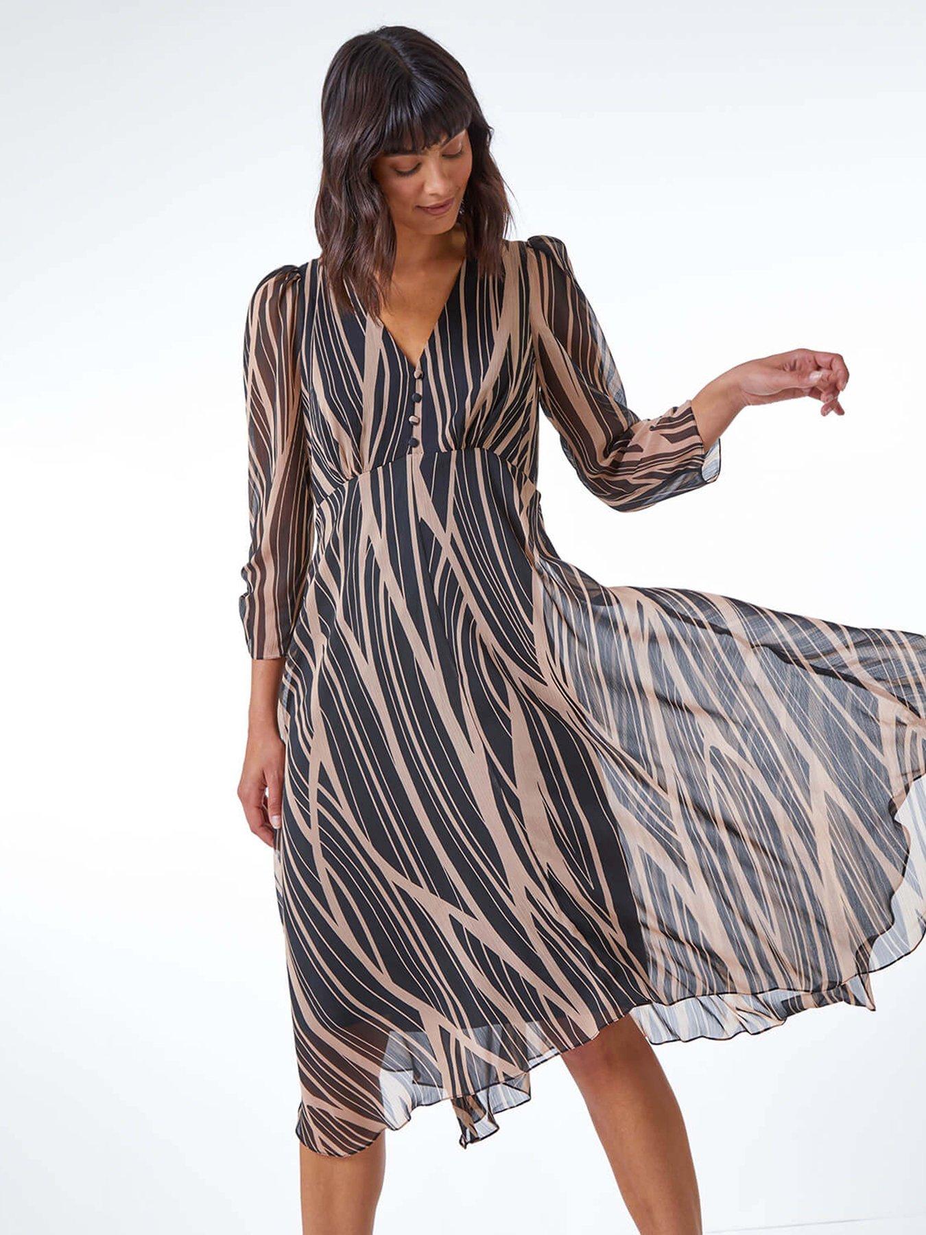 Image 3 of 5 of Roman Abstract Chiffon Wrap Asymmetric Midi Dress - Black