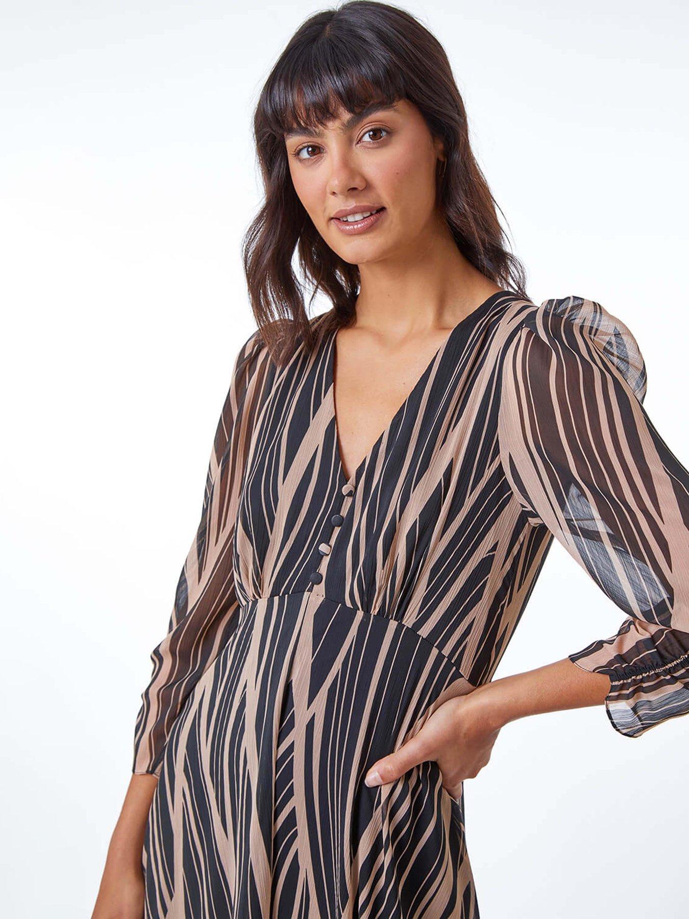Image 4 of 5 of Roman Abstract Chiffon Wrap Asymmetric Midi Dress - Black