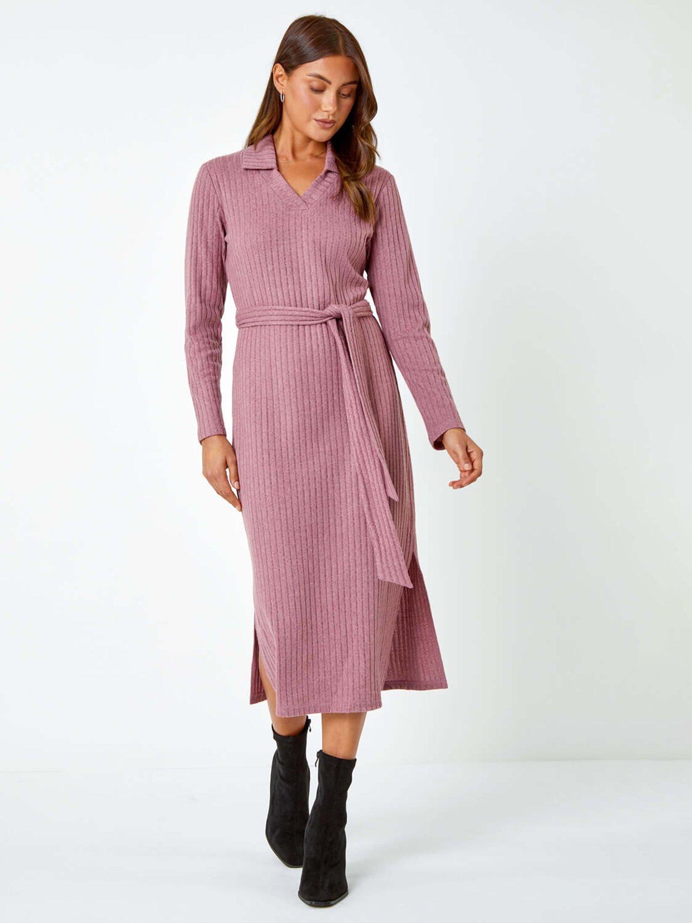 Roman Ribbed Midi Jumper Stretch Dress - Rose