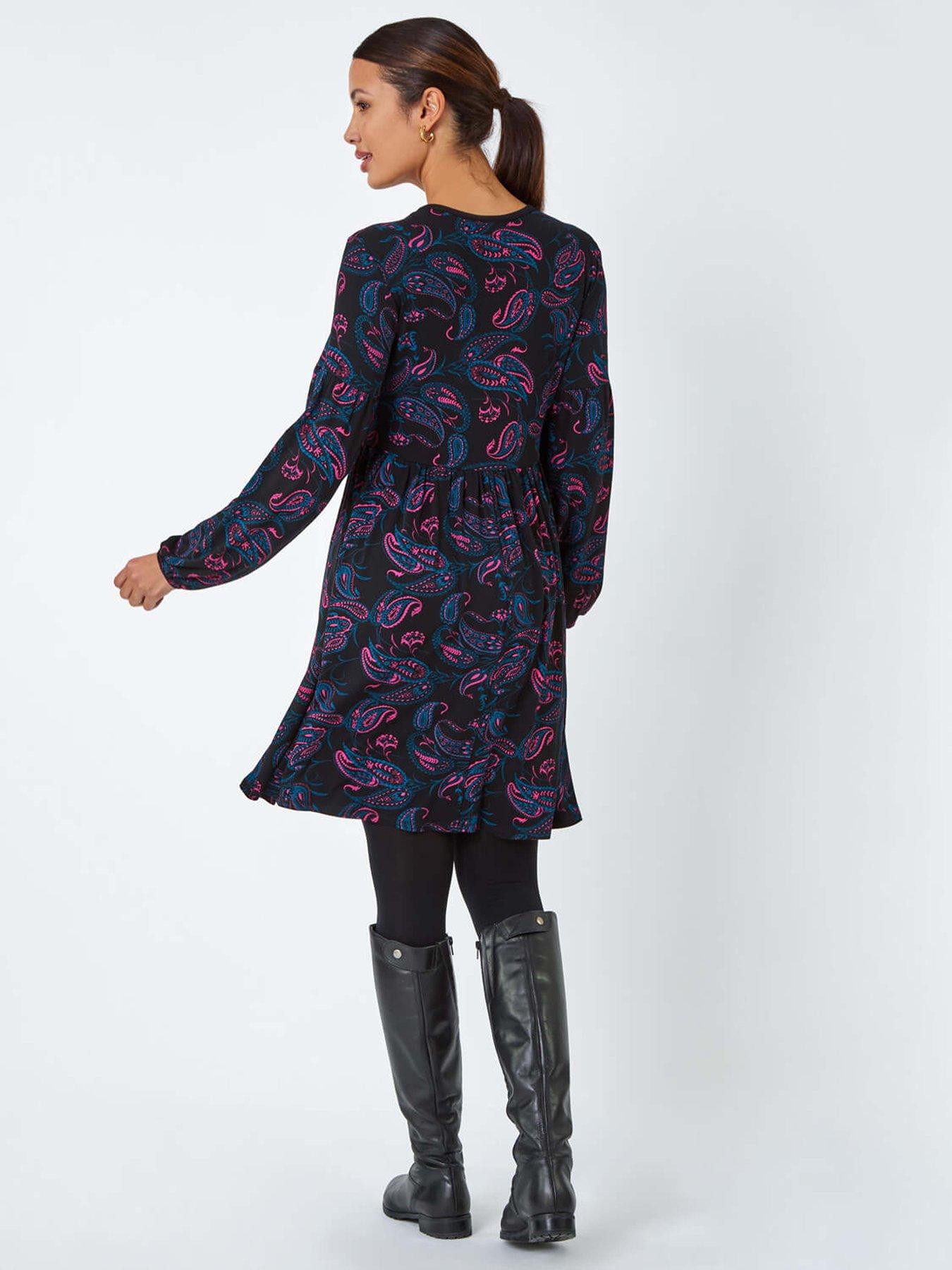 Image 2 of 5 of Roman Paisley Print Stretch Jersey Dress - Black