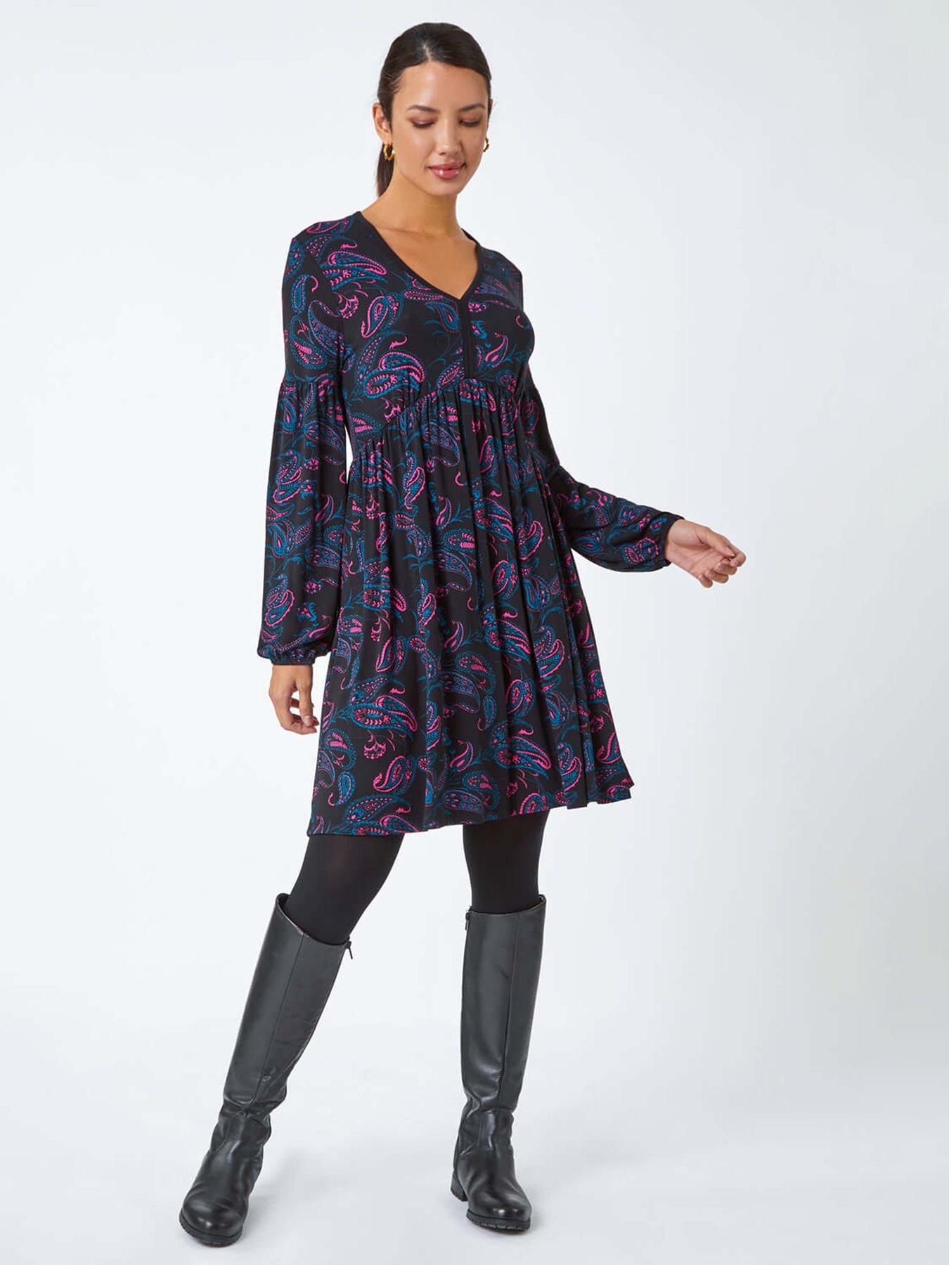 Image 3 of 5 of Roman Paisley Print Stretch Jersey Dress - Black