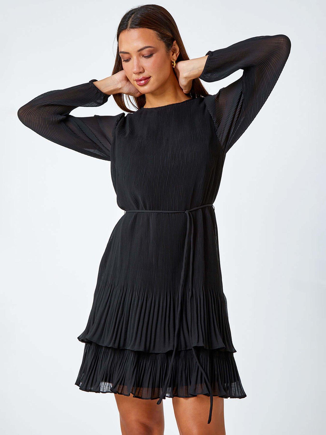 undefined Pleated Frill Hem Swing Dress - Black