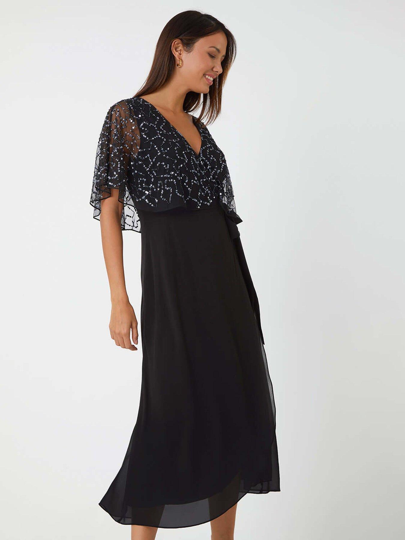 Image 3 of 5 of Roman Sequin Embellished Chiffon Wrap Maxi Dress - Black