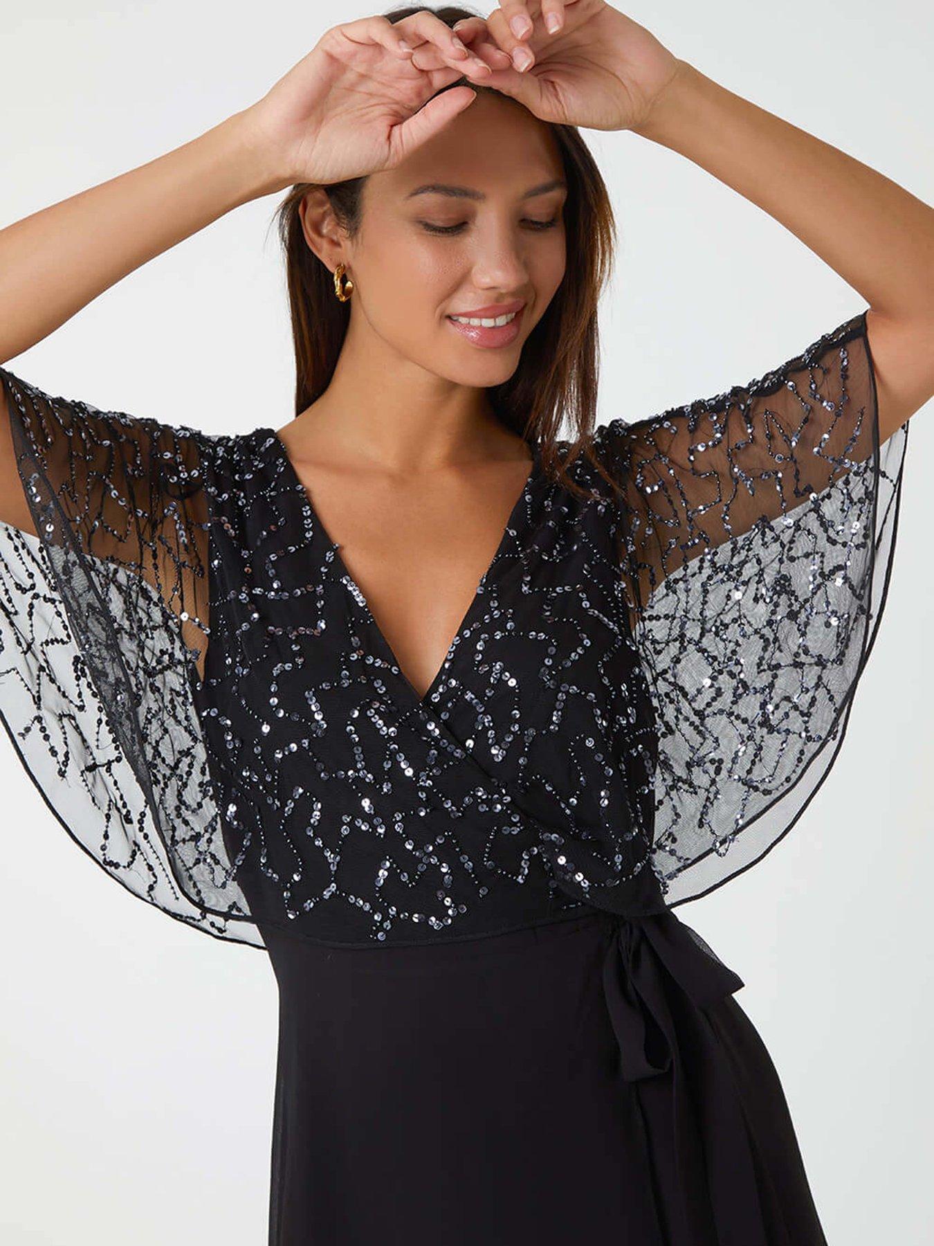 Image 4 of 5 of Roman Sequin Embellished Chiffon Wrap Maxi Dress - Black