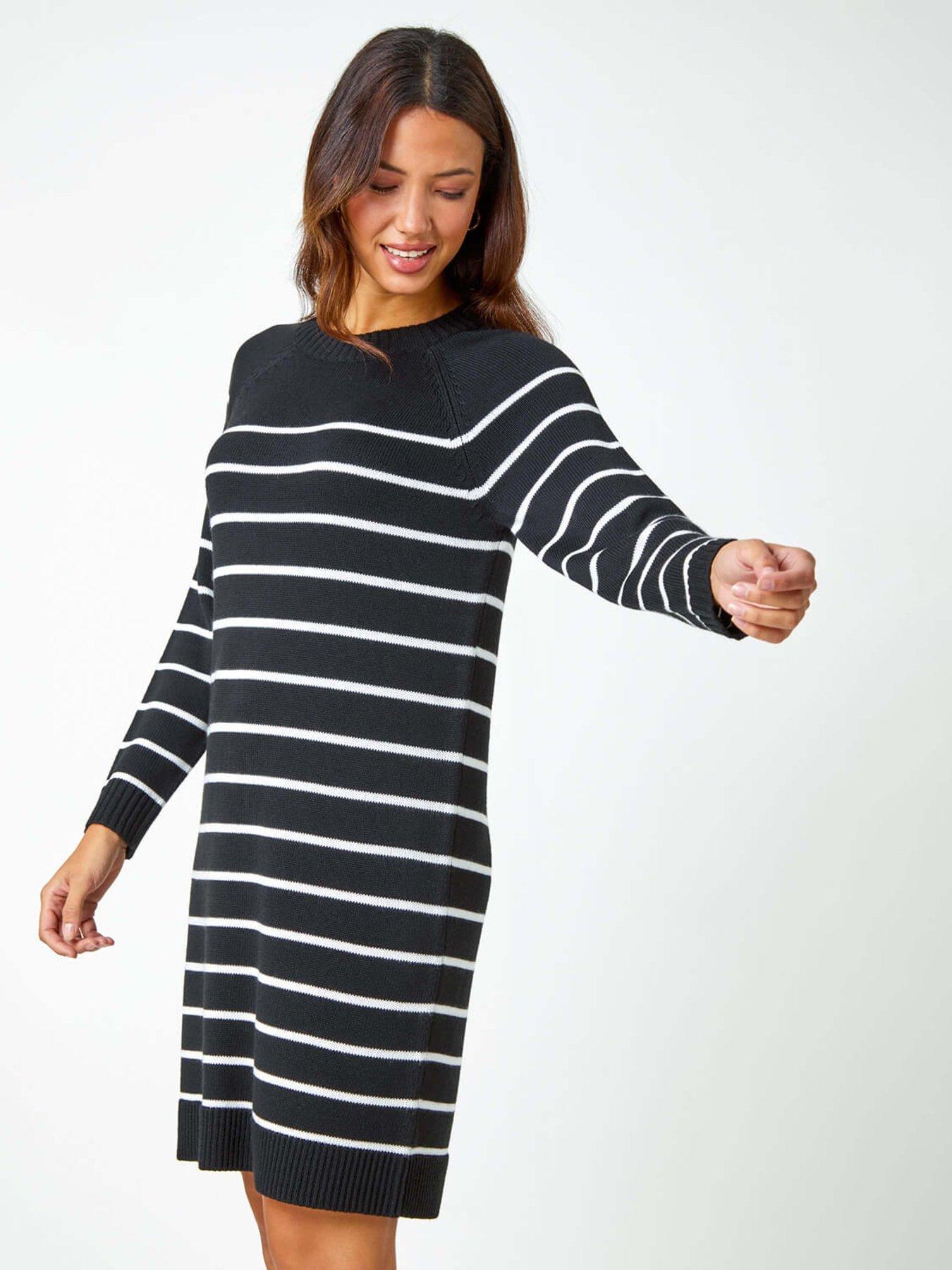  image of roman-stripe-print-knitted-jumper-dress-black
