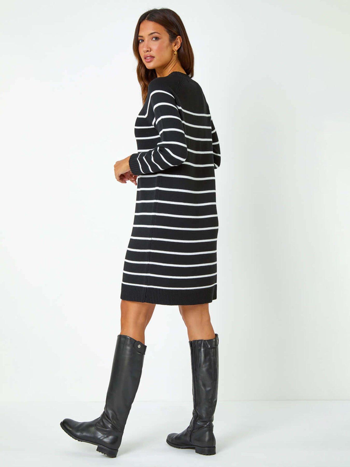  image of roman-stripe-print-knitted-jumper-dress-black