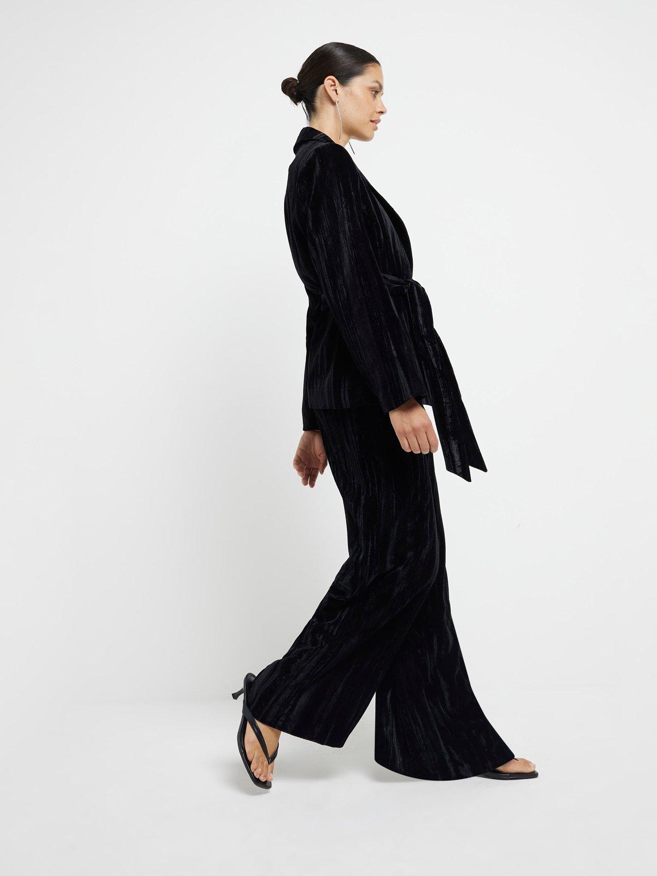 undefined Flat Front Velvet Trousers - Black