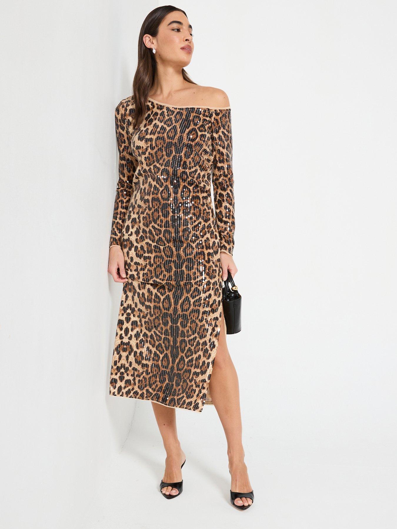 knee length dresses for ladies Kaila Silk Leopard Midi Dress in Leopard Spot Brown
