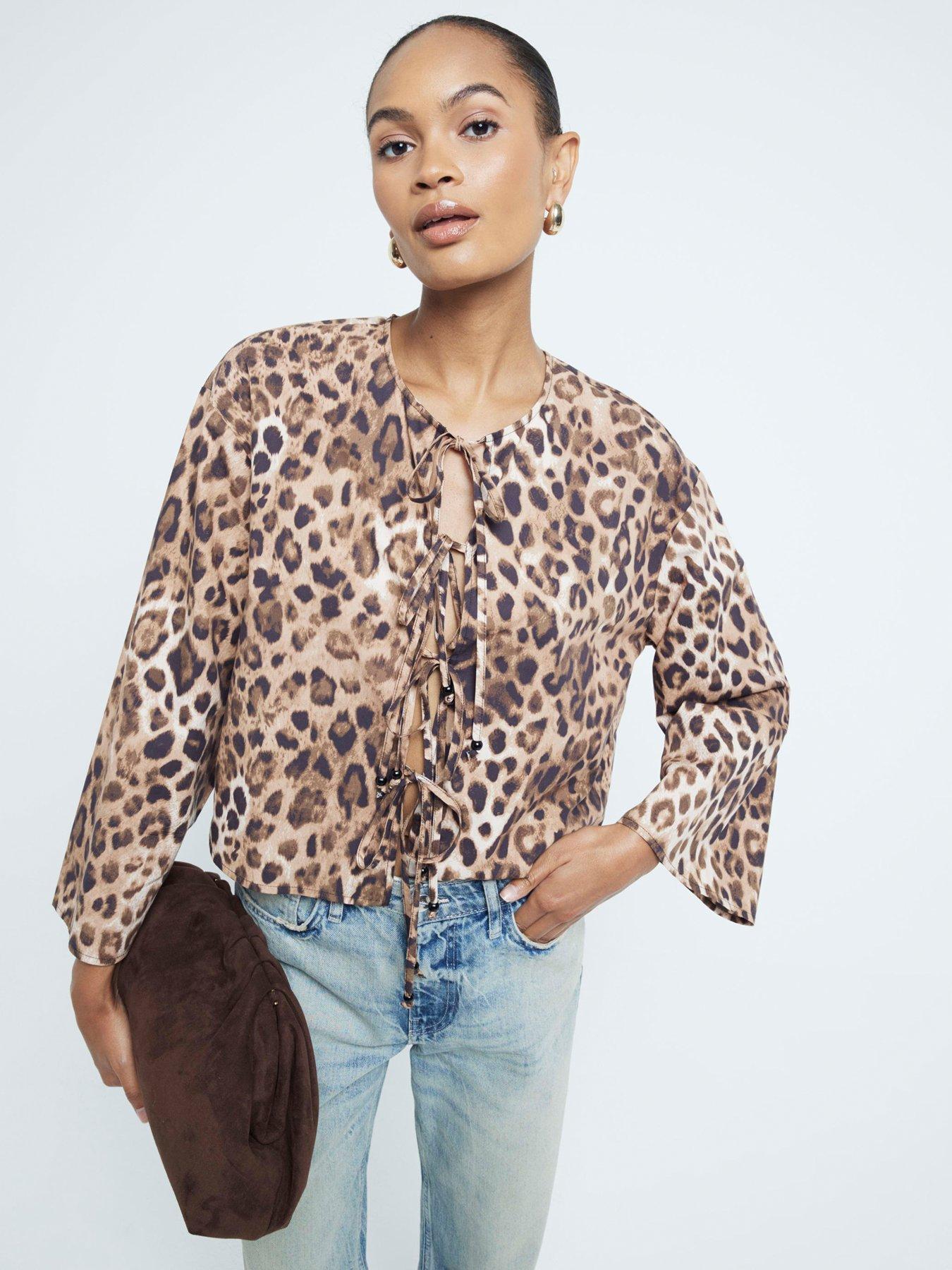 undefined Leopard Poplin Tie Front Top - Brown