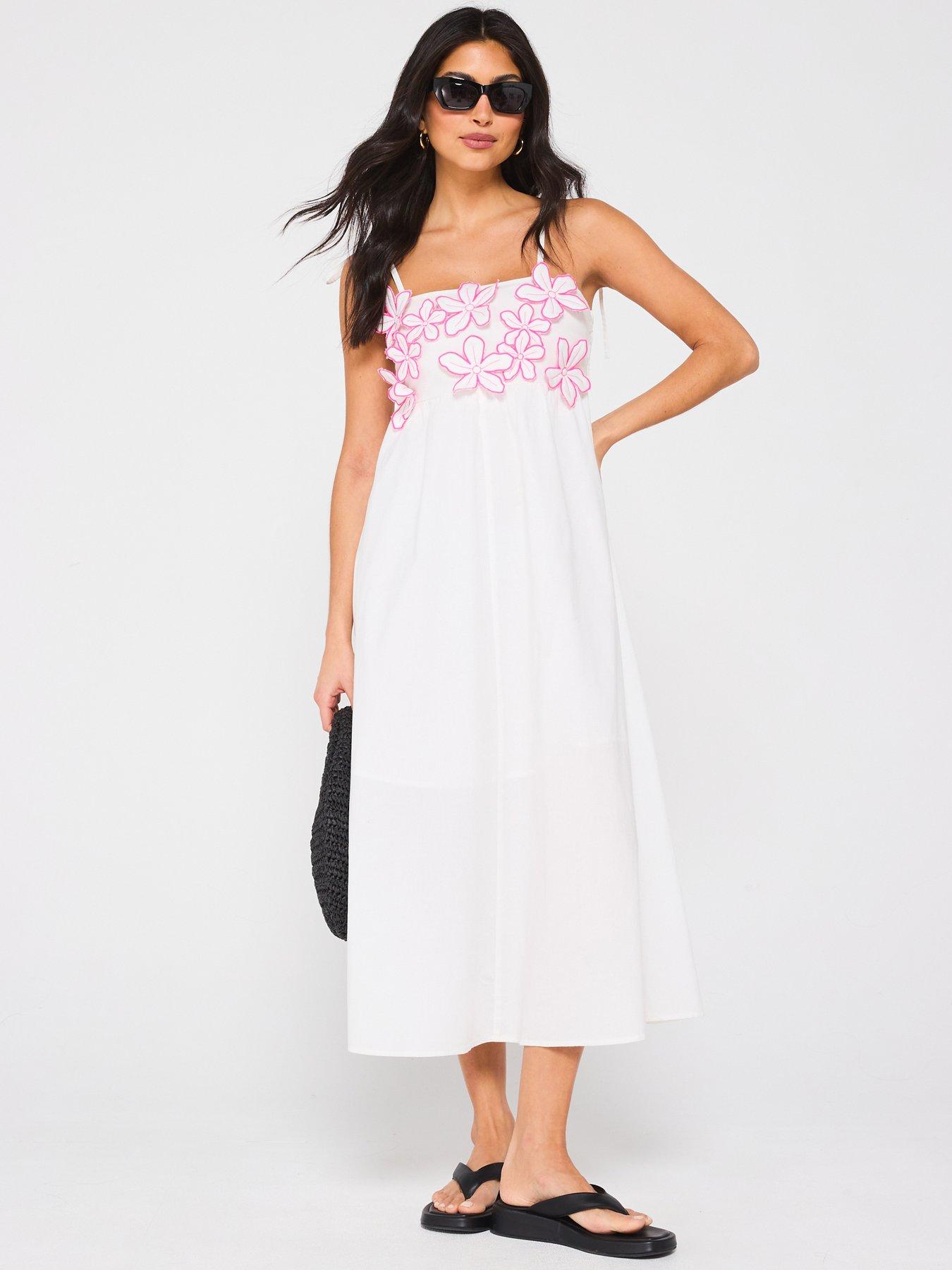 undefined Floral Applique Strappy Midi Beach Dress - White