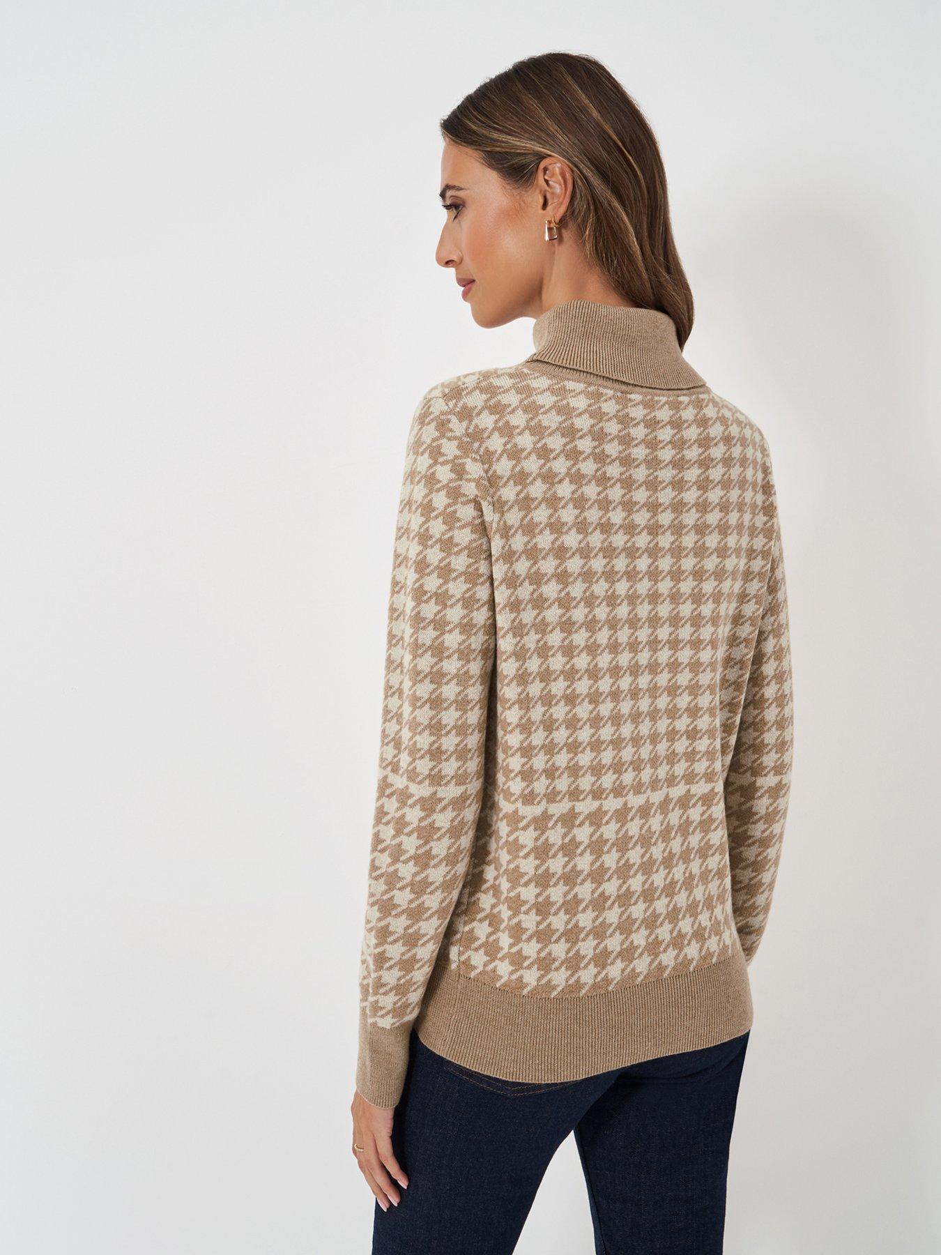  image of crew-clothing-houndstooth-roll-neck-jumper-beige
