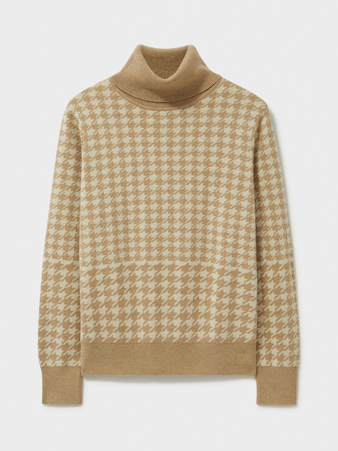  image of crew-clothing-houndstooth-roll-neck-jumper-beige