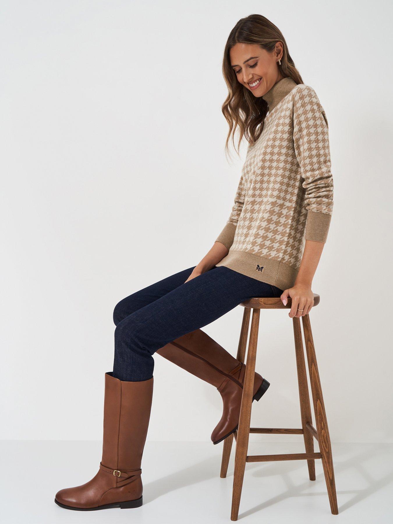  image of crew-clothing-houndstooth-roll-neck-jumper-beige