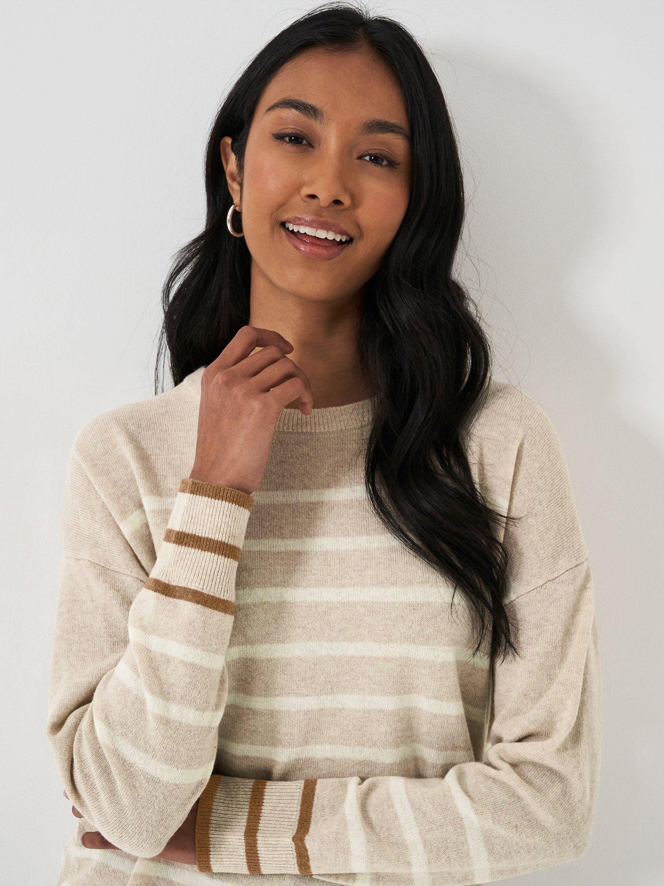  image of crew-clothing-merino-wool-blend-striped-jumper-beige