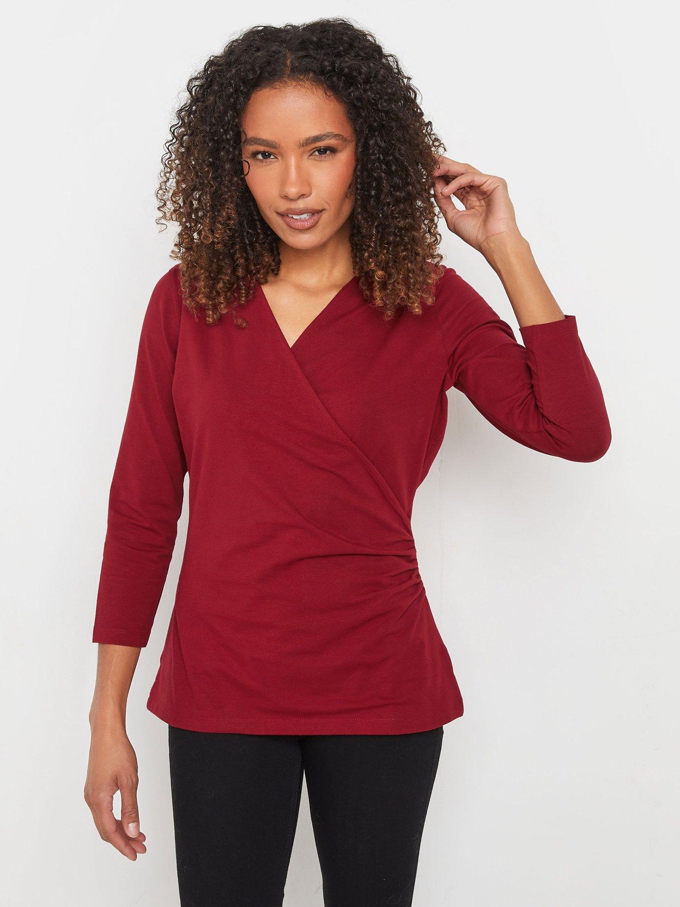 undefined 3/4 Sleeve Wrap Top - Red