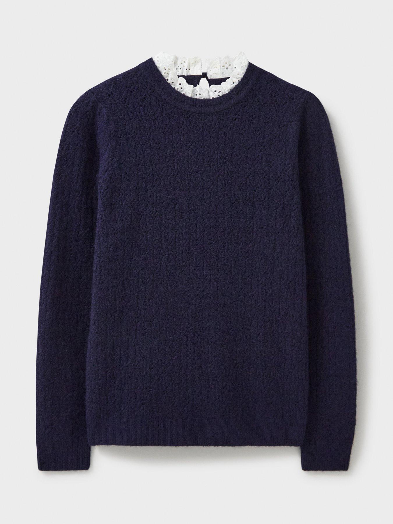  image of crew-clothing-lace-trim-pointelle-jumper-blue