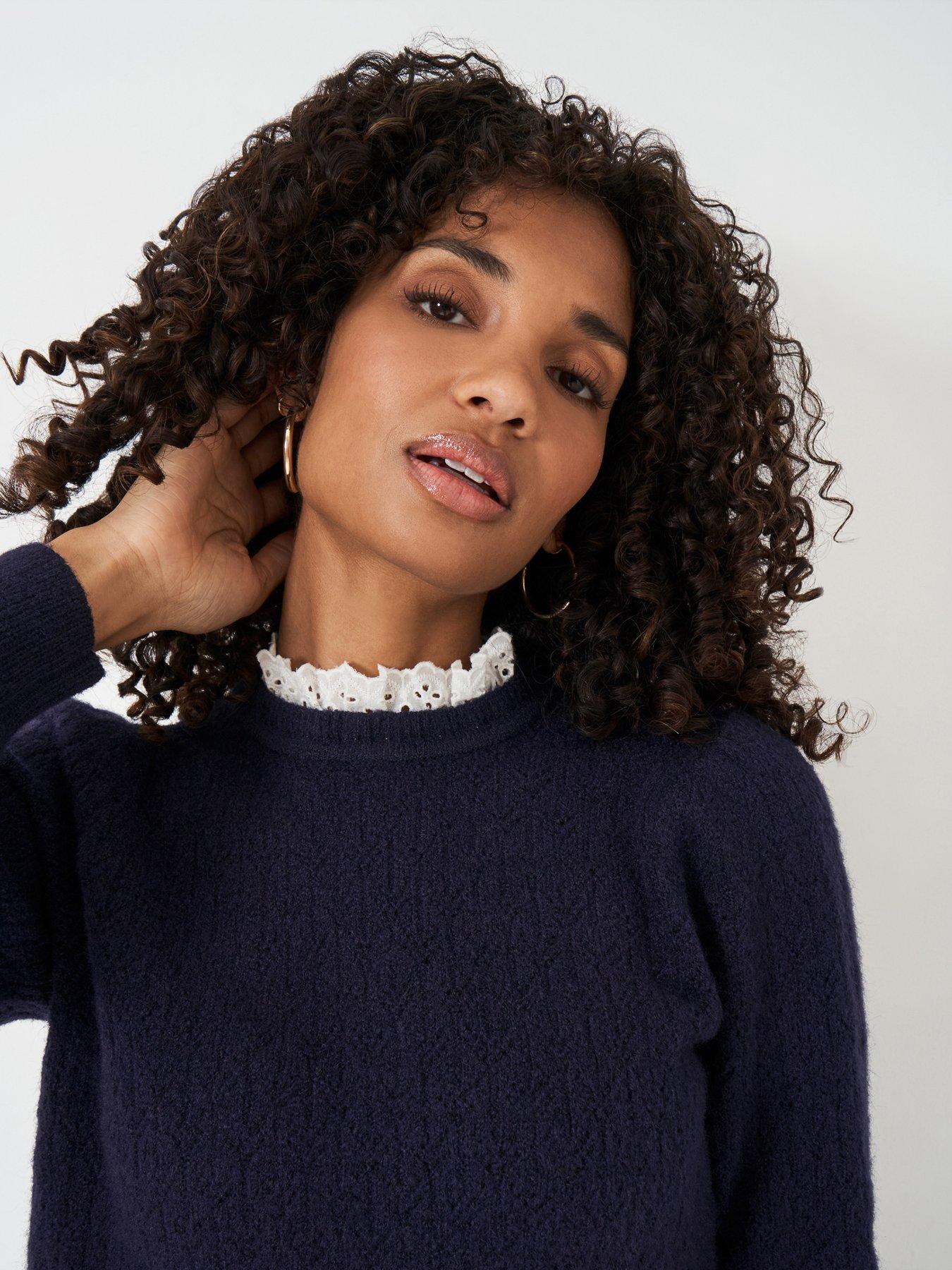  image of crew-clothing-lace-trim-pointelle-jumper-blue
