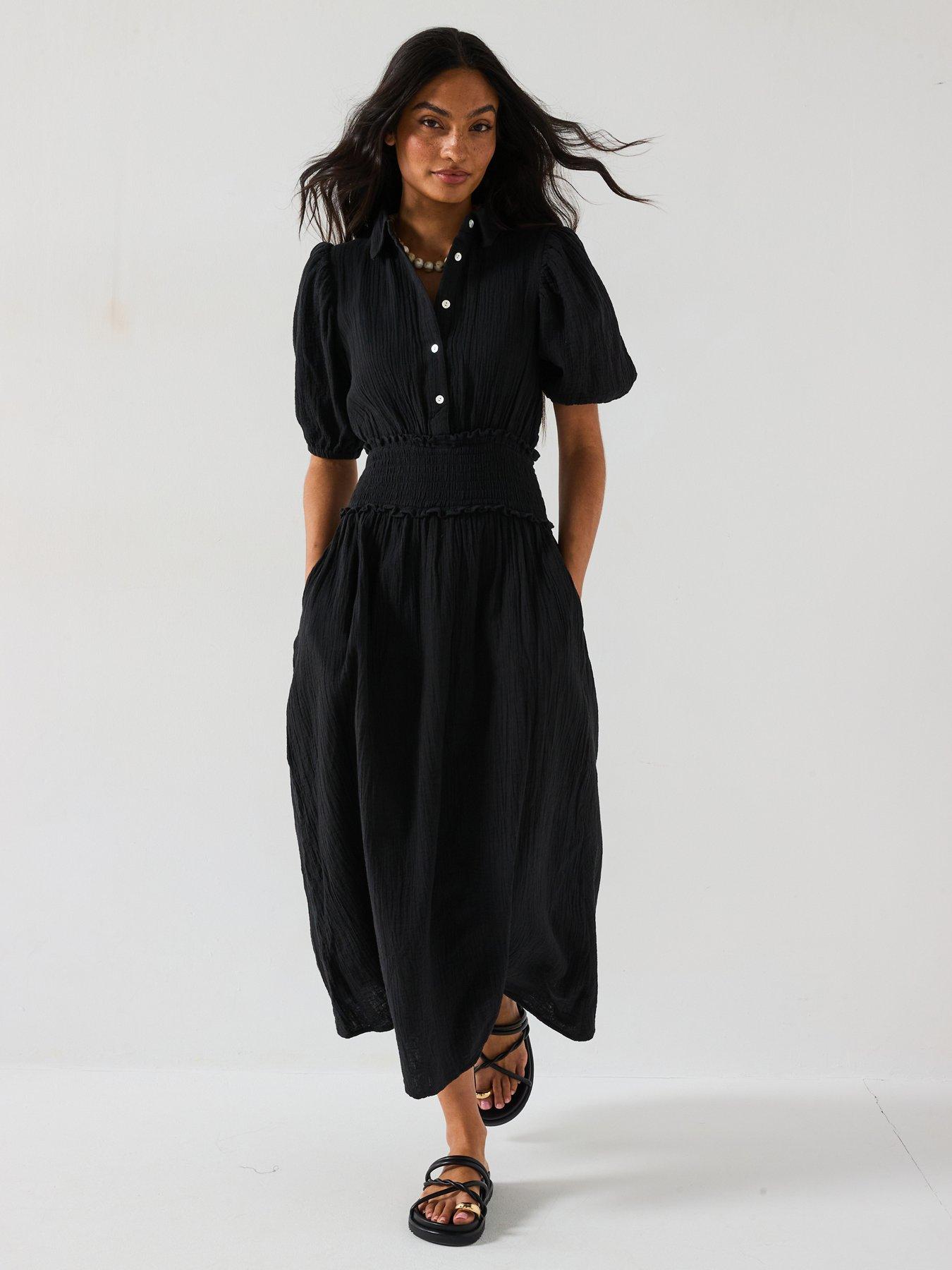 v-by-very-cheese-cloth-shirred-waist-midi-shirt-dress-black