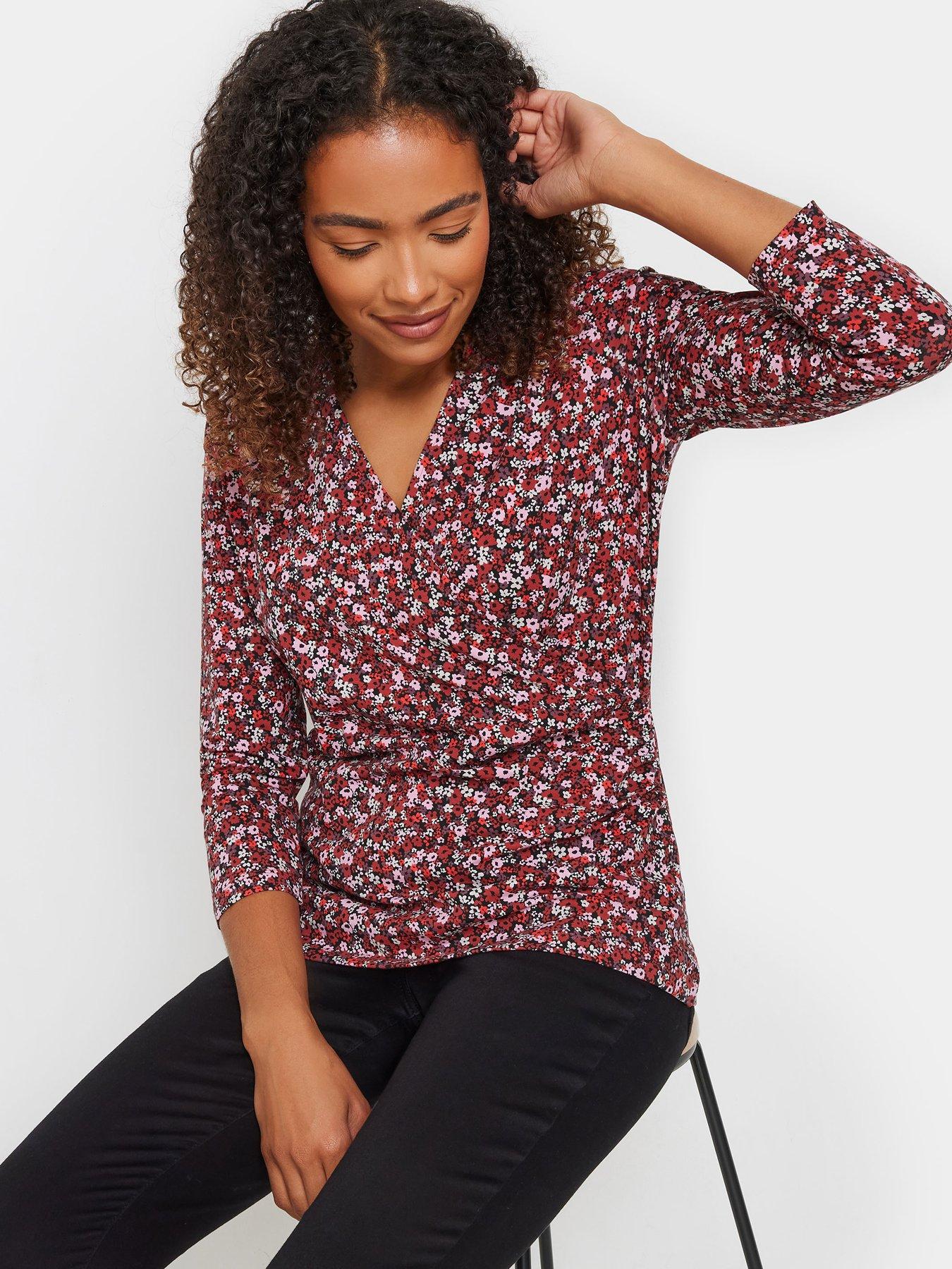  image of mco-ditsy-34-sleeve-wrap-top-red