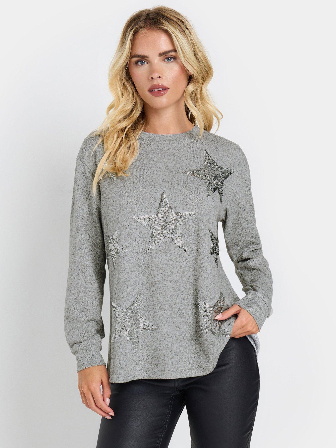  image of mco-petite-sequin-star-top-grey