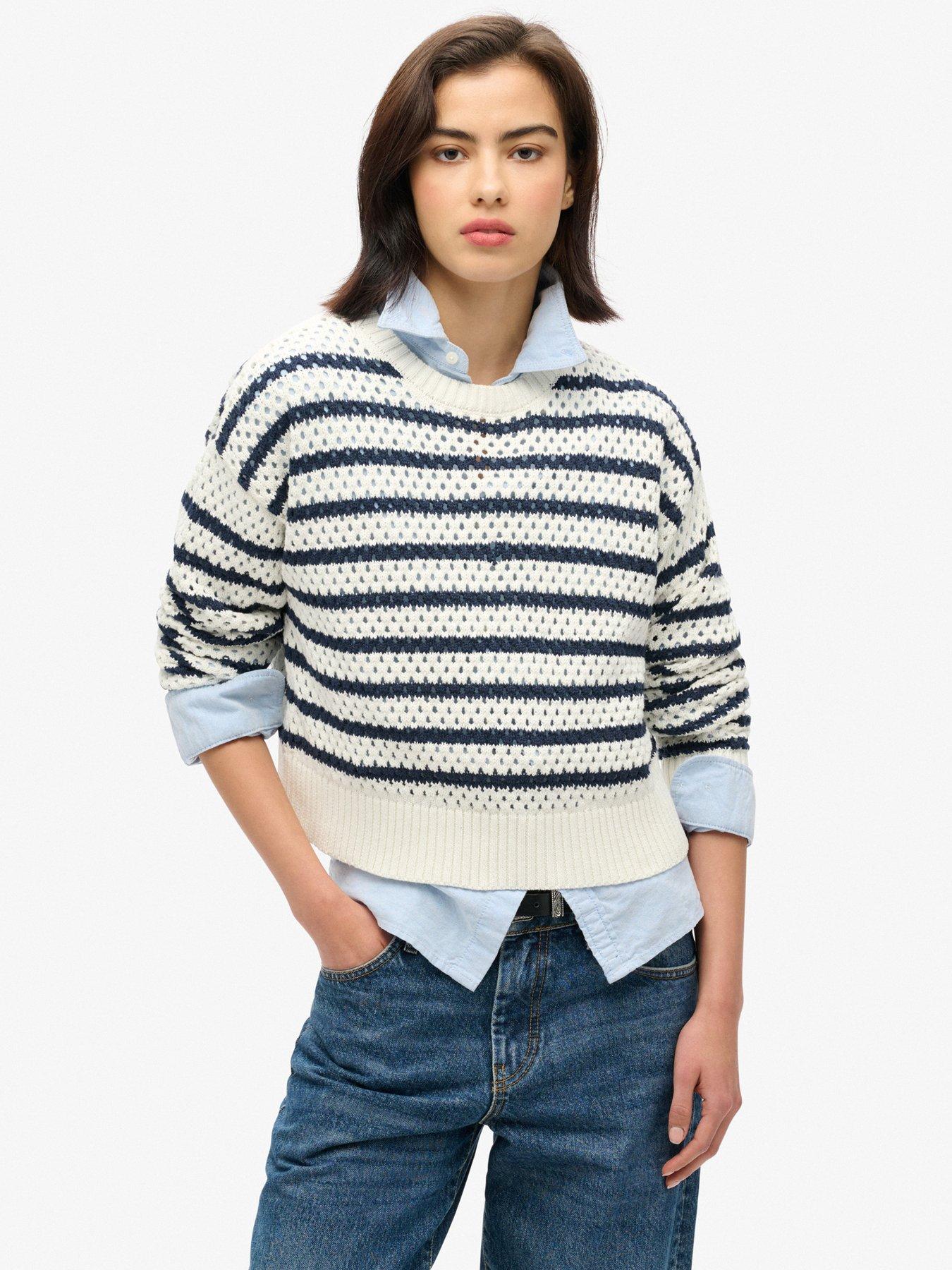 undefined Stripe Crochet Cropped Crew Jumper - White