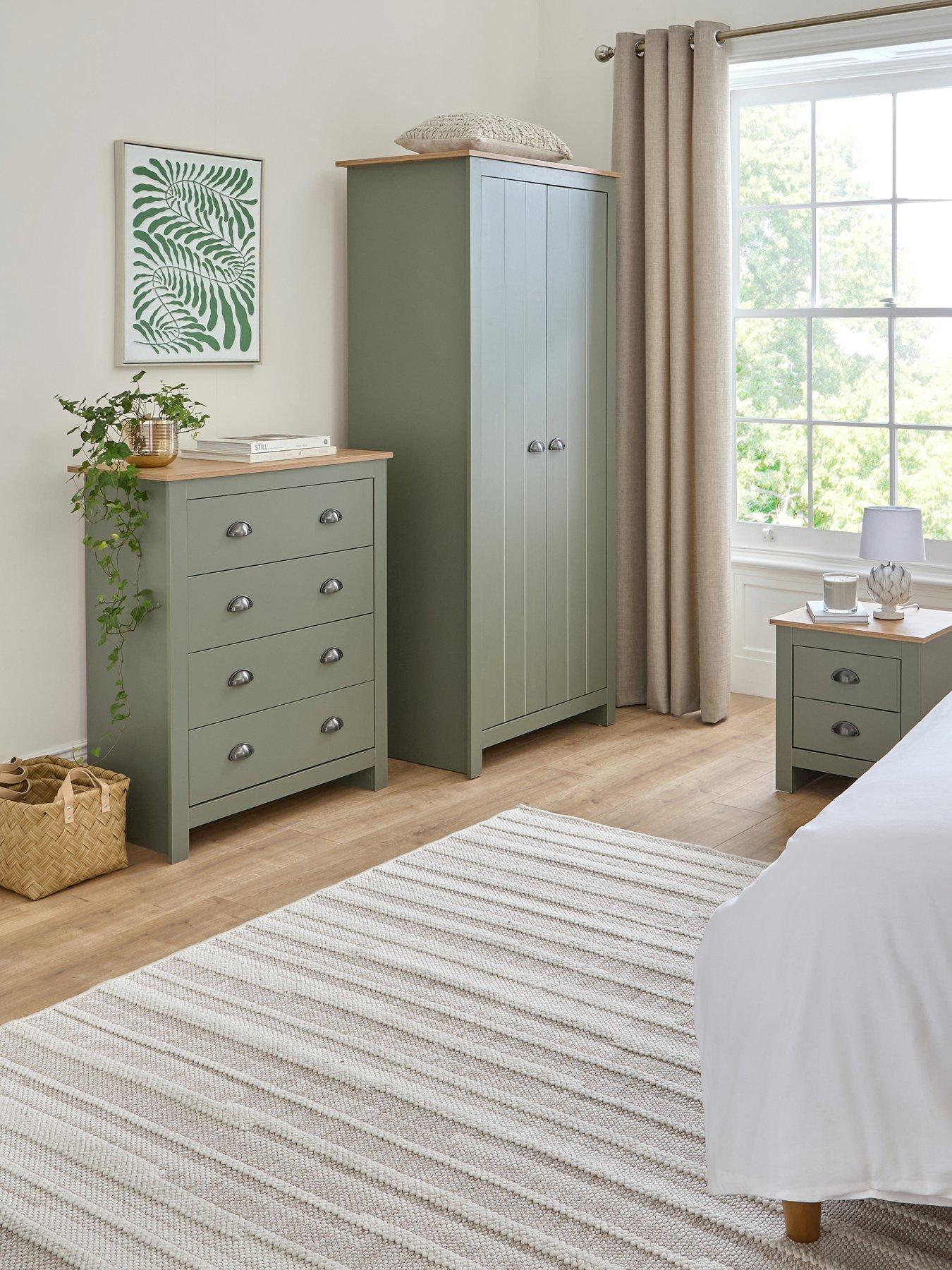 The Very Collection Atlanta 3 Piece Bedroom Furniture Set - 2 Door Wardrobe, 4 Drawer Chest and 2 Drawer Bedside Chest - Green/Oak