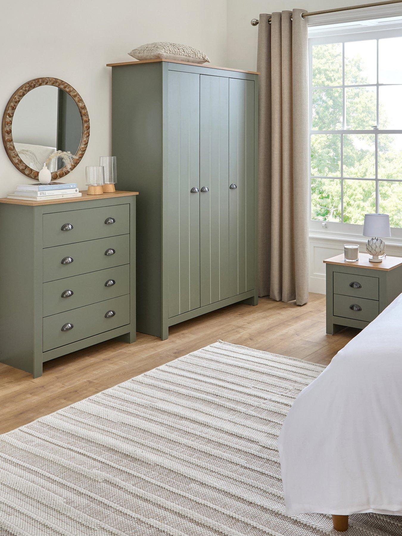 Very Home Atlanta 3 Piece Bedroom Furniture Set- 3 Door Wardrobe, 4 Drawer Chest and 2 Drawer Bedside Table - Green/Oak