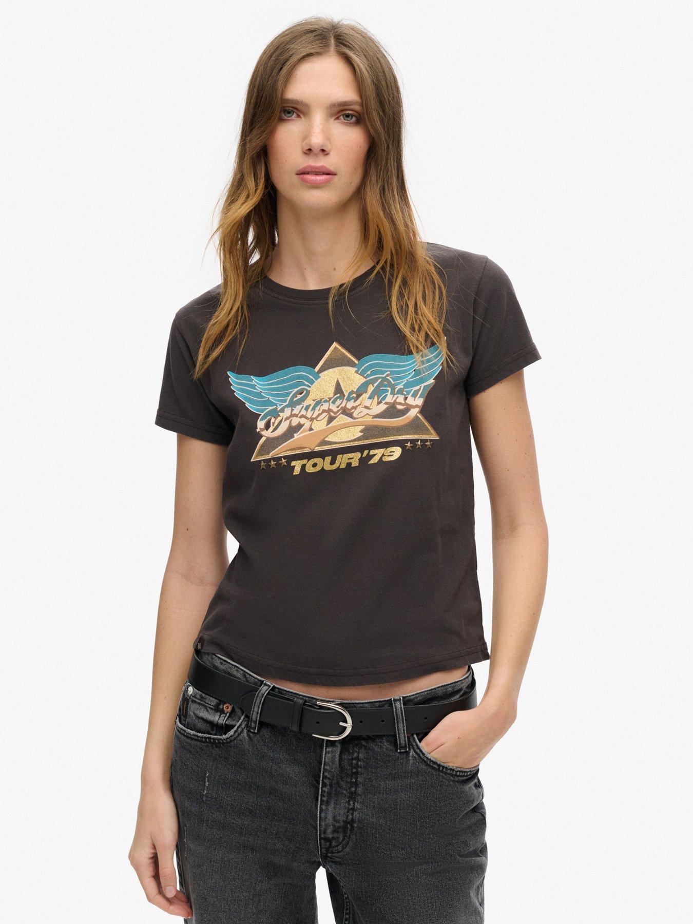 Image 1 of 5 of Superdry 70S Rock Band Cap Sleeve T-Shirt - Black