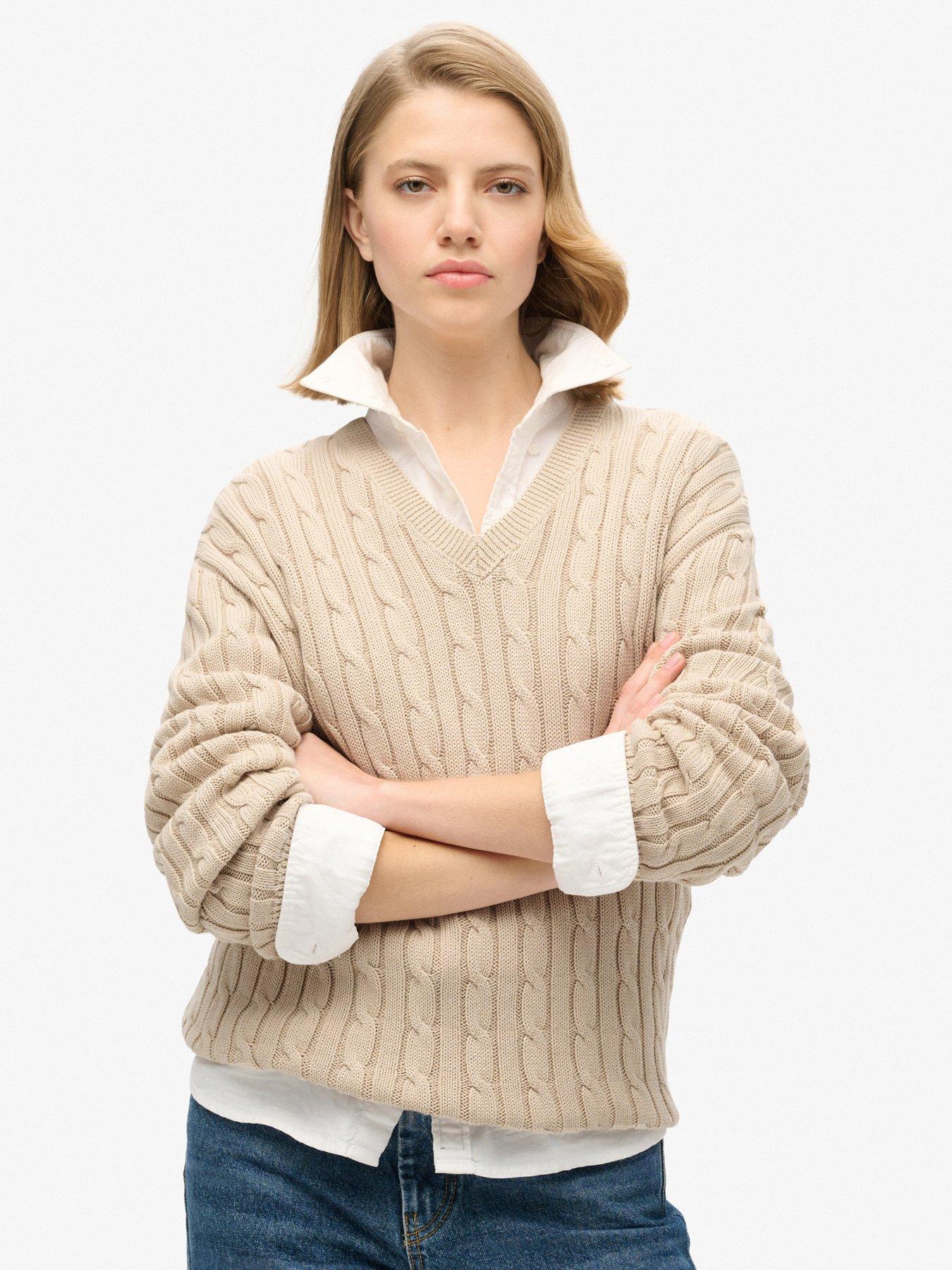 undefined Oversized V Neck Cable Jumper - Beige