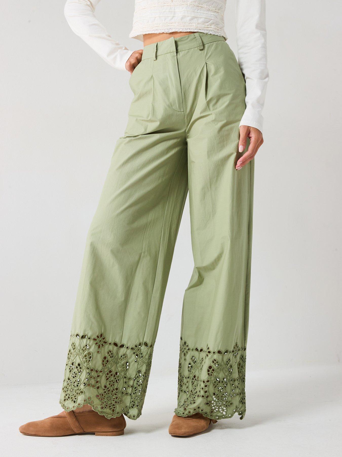 V by Very Broderie Wide Leg Trousers - Green
