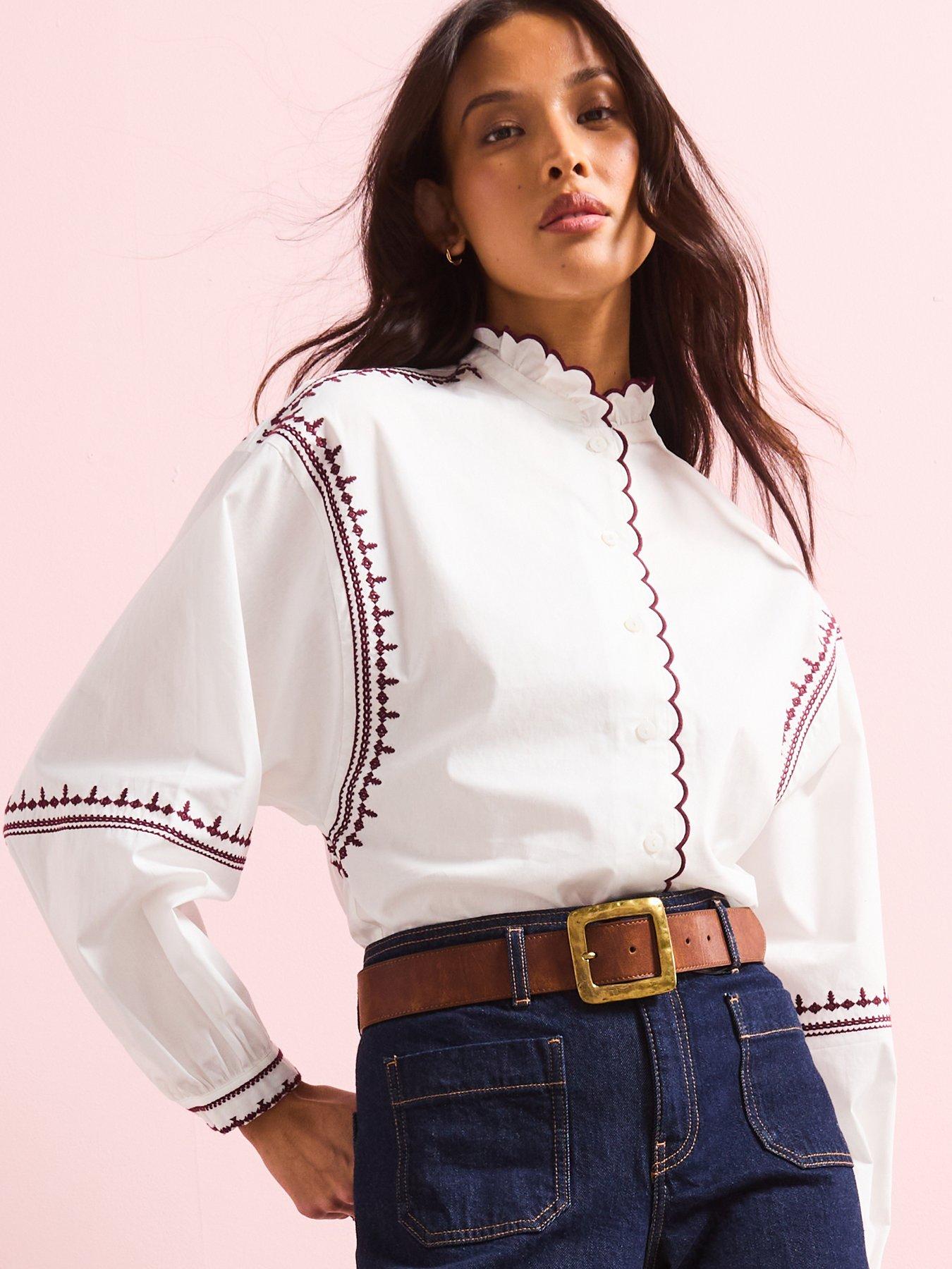  image of v-by-very-scallop-trim-button-through-blouse-white