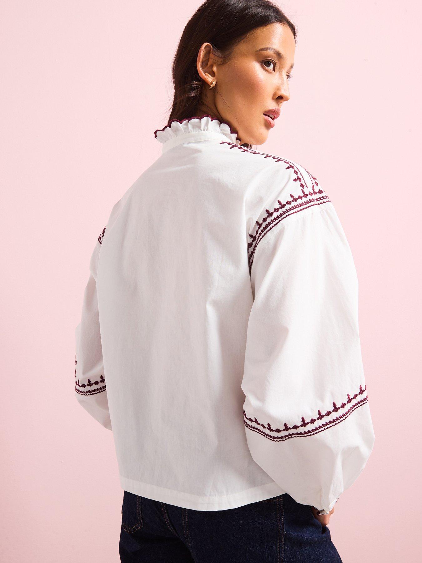  image of v-by-very-scallop-trim-button-through-blouse-white