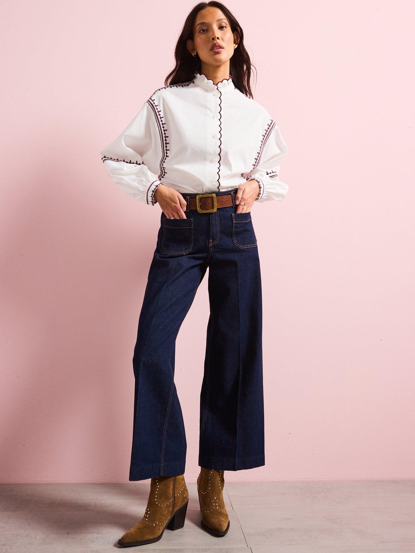  image of v-by-very-scallop-trim-button-through-blouse-white